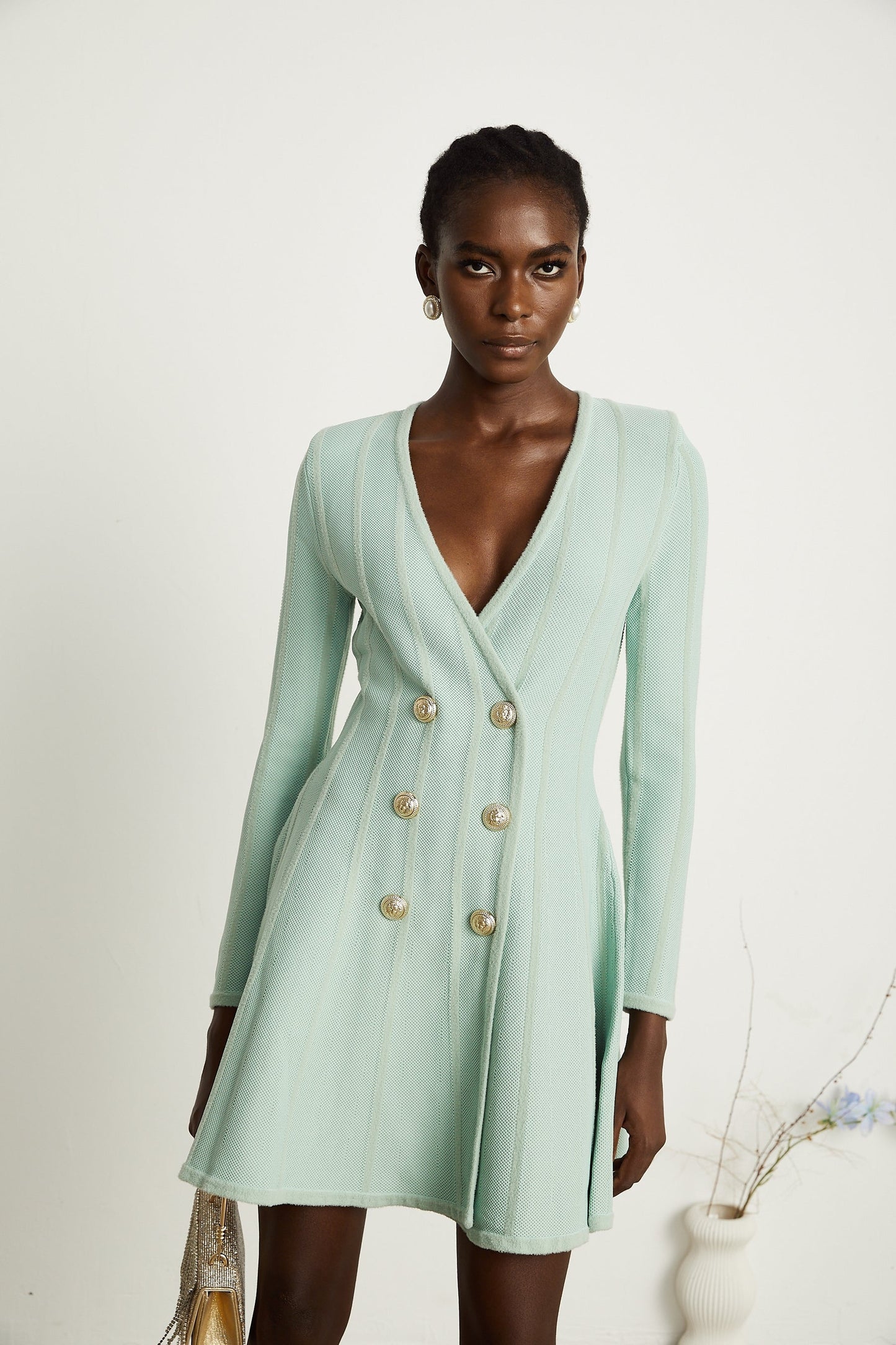 Célestine green ribbedknit flared mini dress