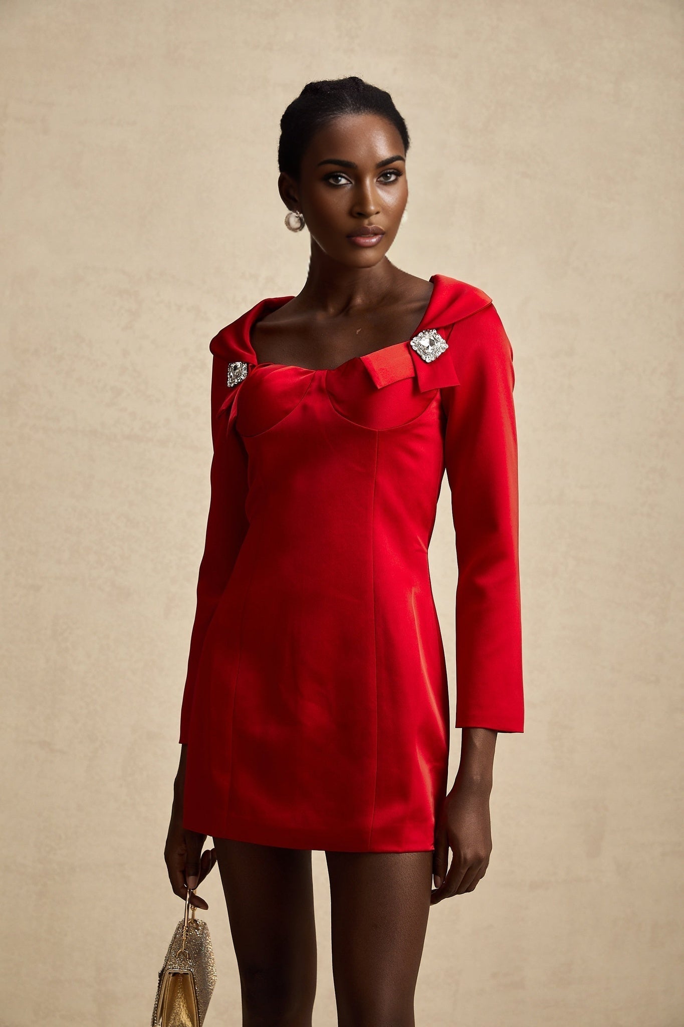 Celine red satin mini dress with corset style design