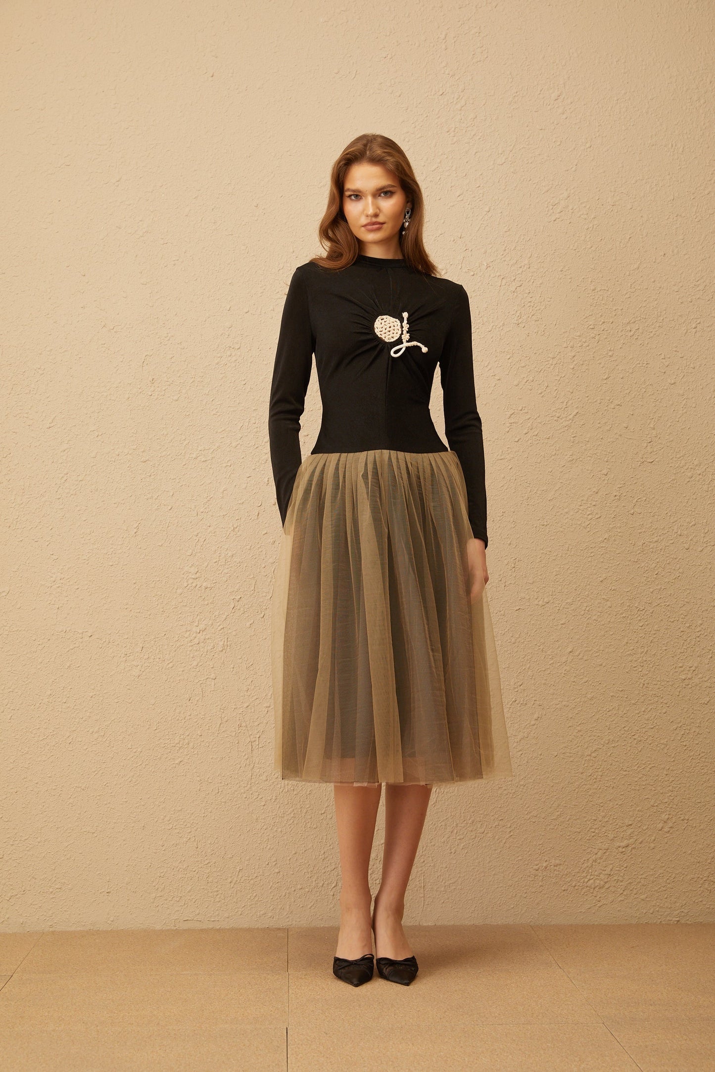 Cézanne Black Crochet Detail Tulle Panel Midi Dress