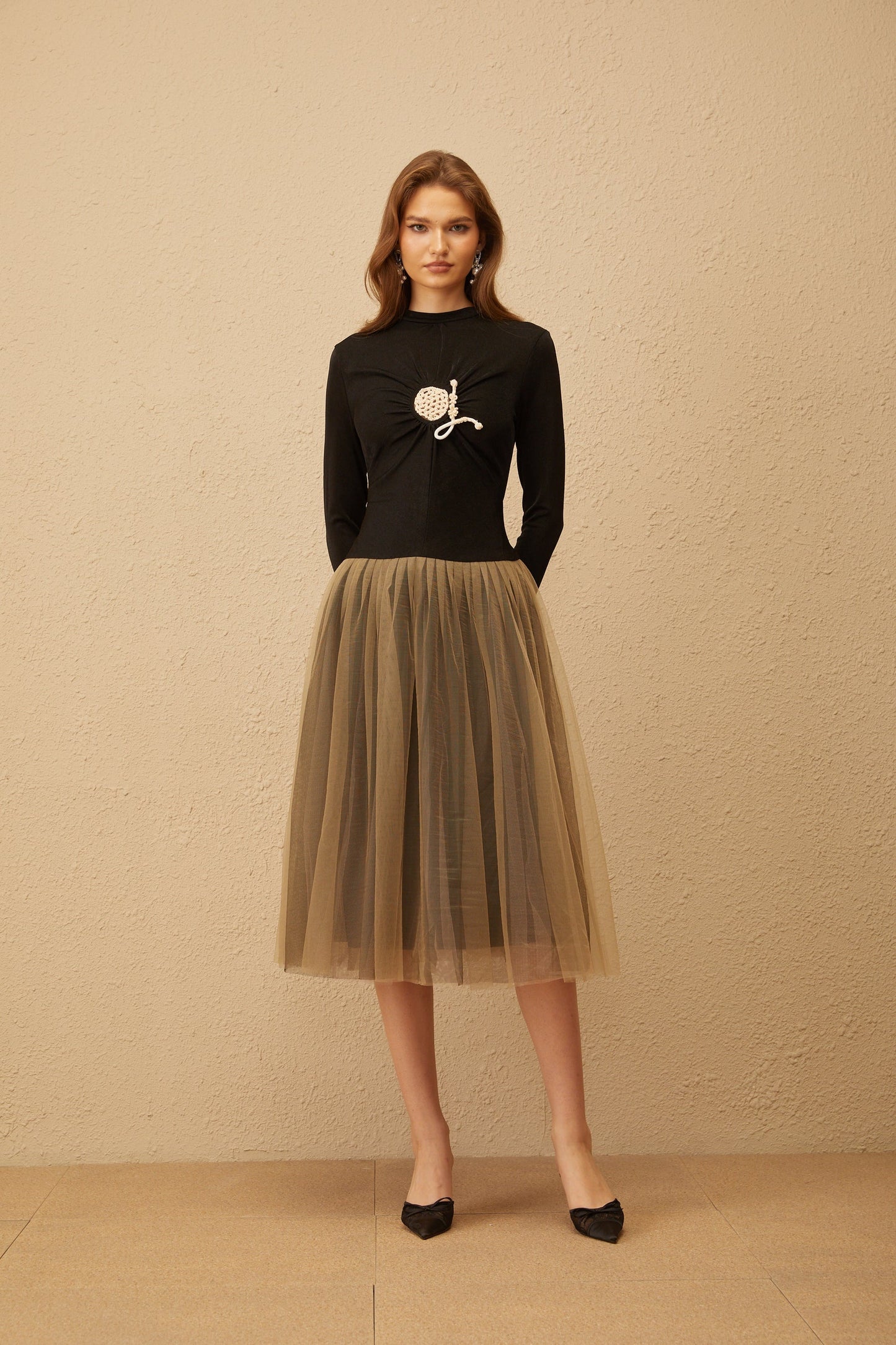 Cézanne Black Crochet Detail Tulle Panel Midi Dress