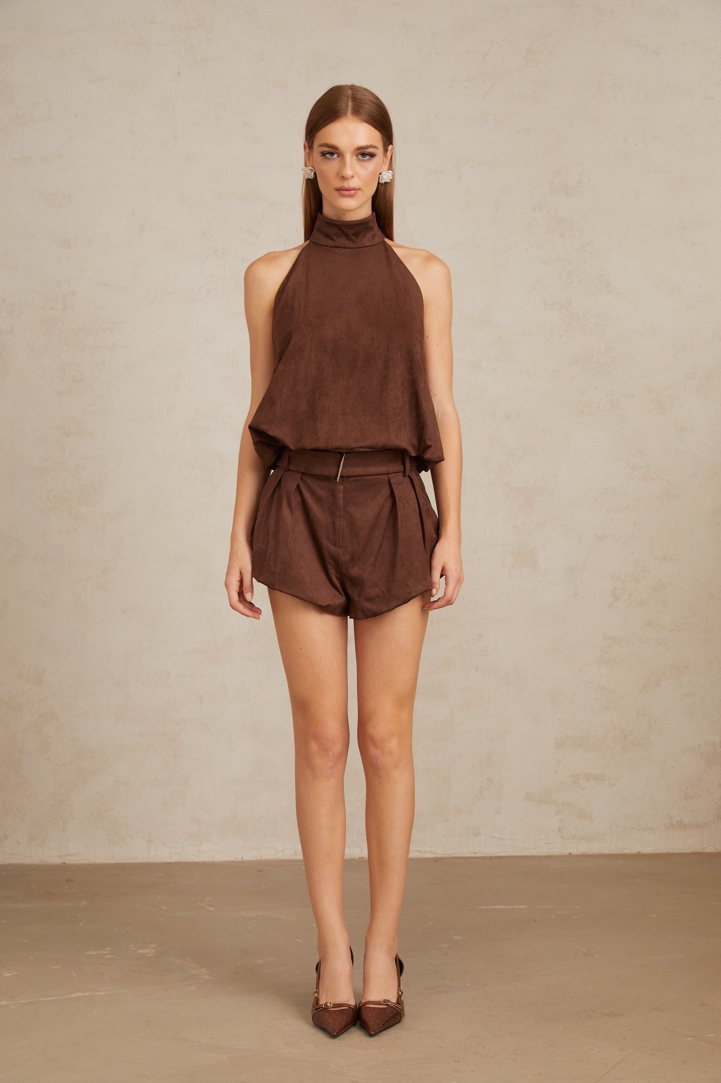 Chaney Brown Suede Bubble Hem Top Shorts Set