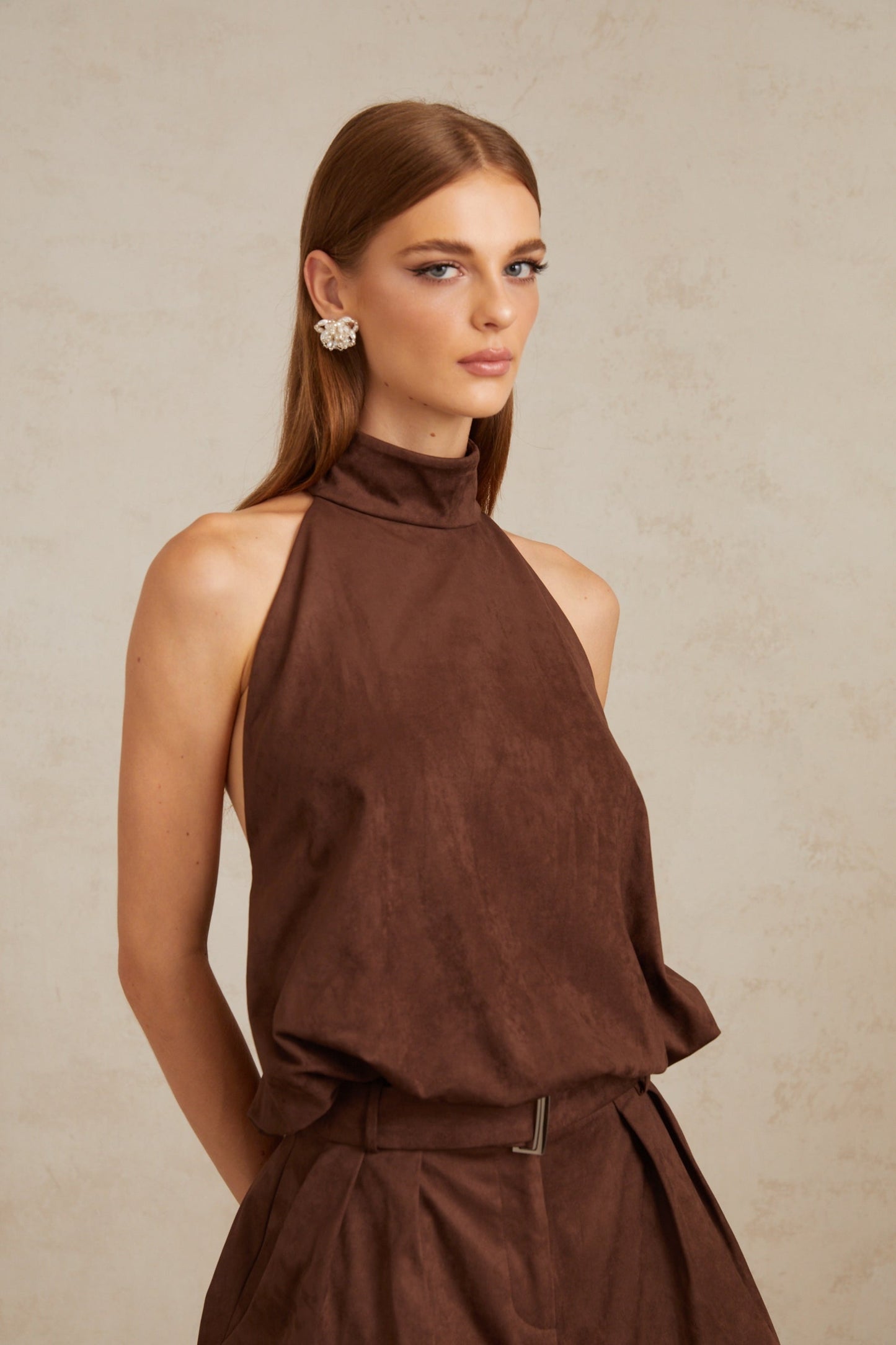 Chaney Brown Suede Bubble Hem Top Shorts Set