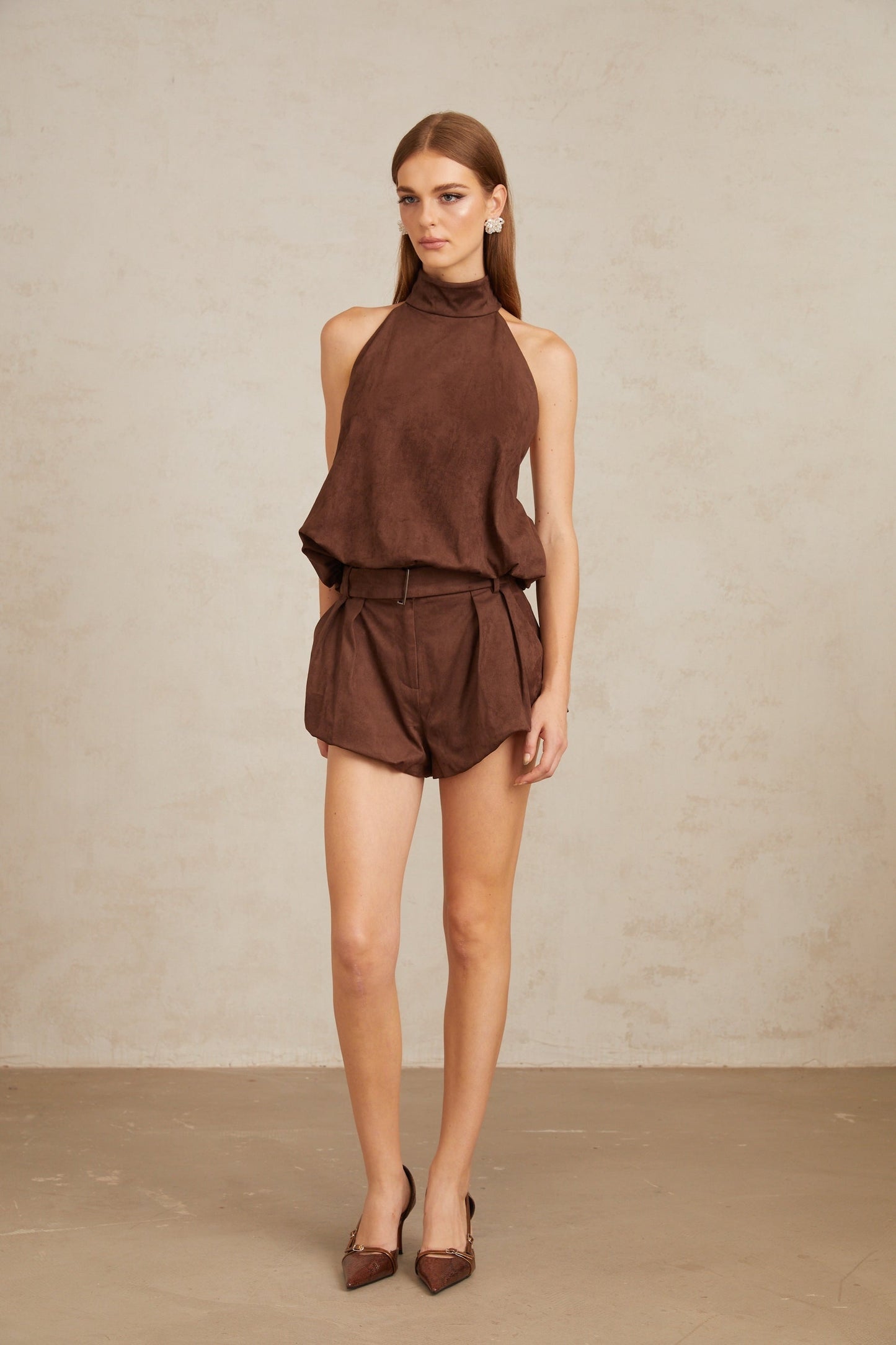 Chaney Brown Suede Bubble Hem Top Shorts Set