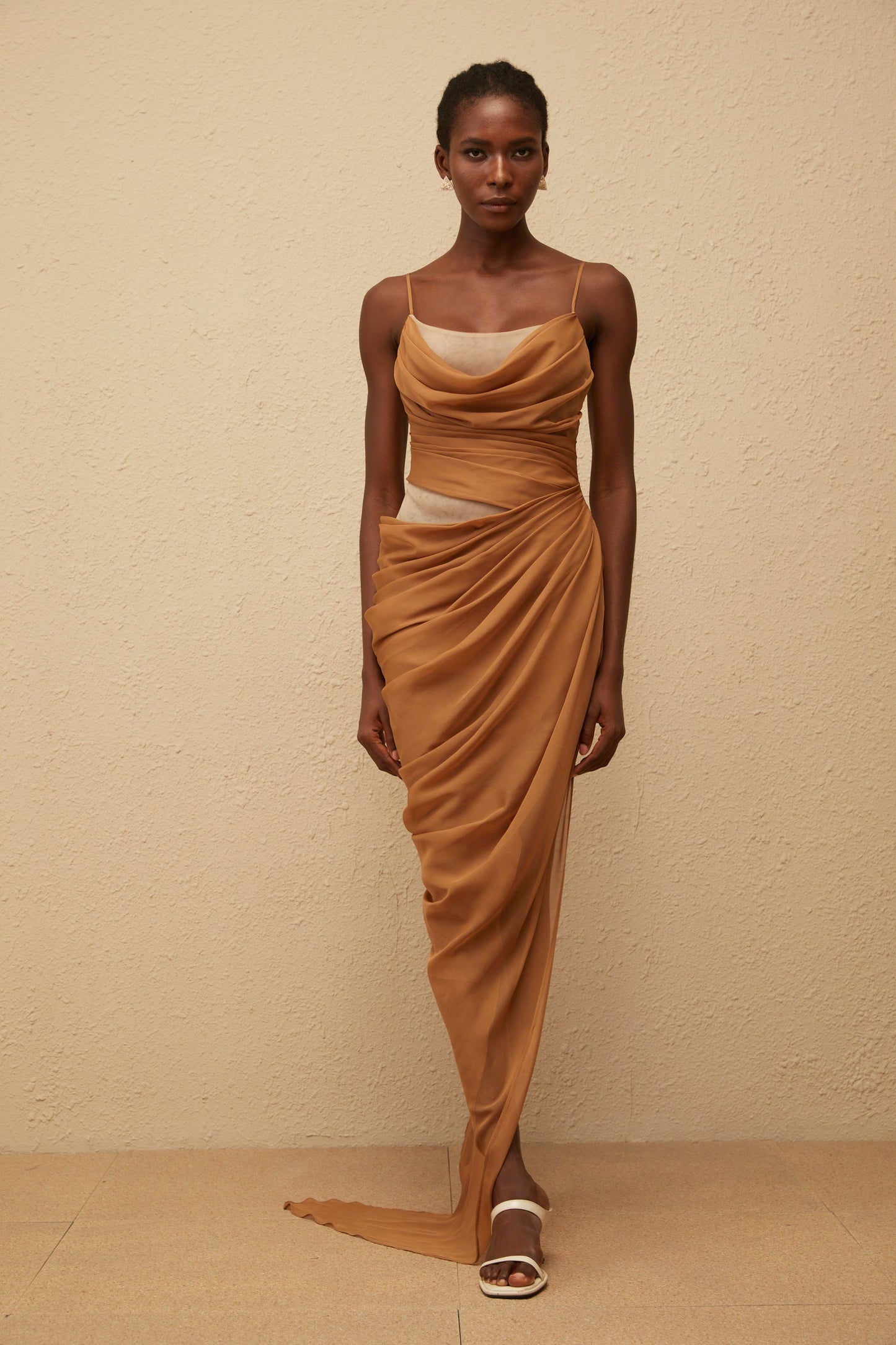 Charisa Khaki Draped Chiffon Maxi Dress