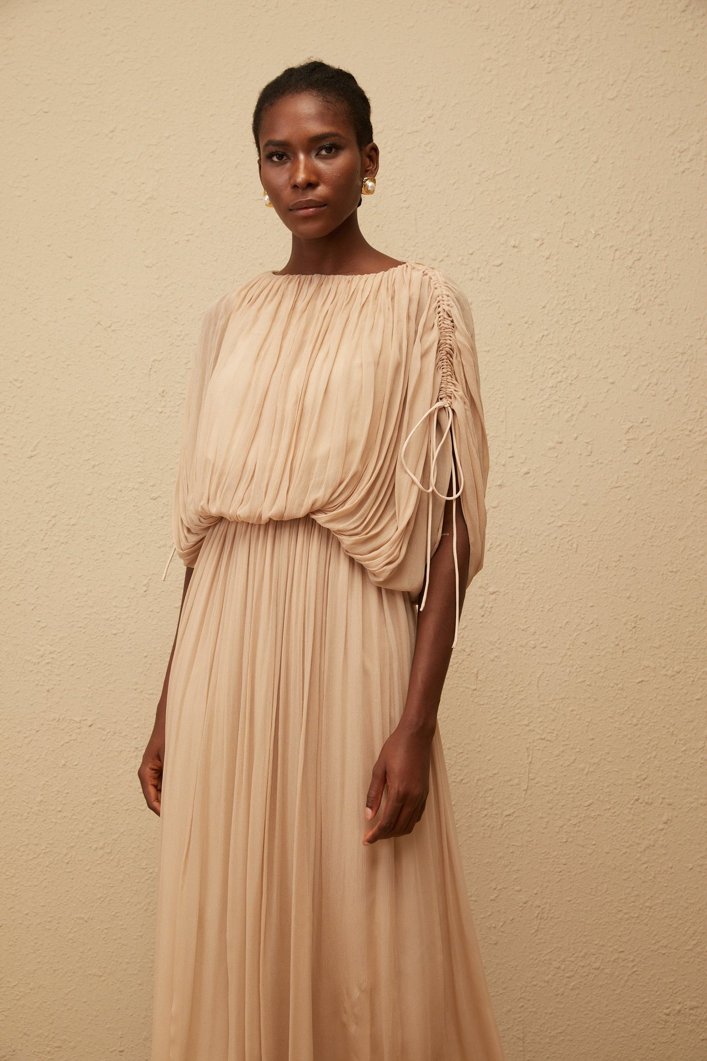Charitina Neutral Fully Pleated Blouse Skirt Set