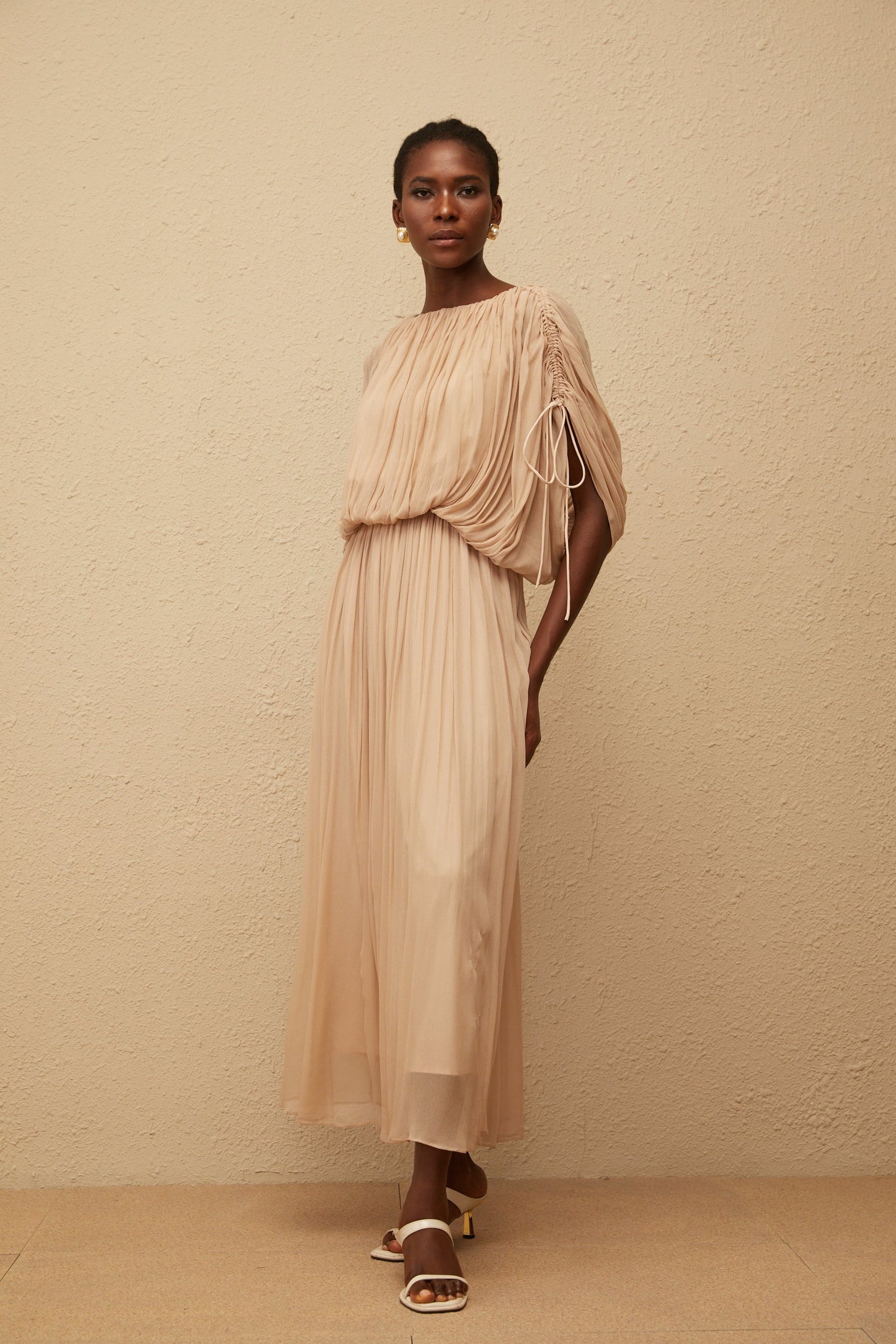 Charitina Neutral Fully Pleated Blouse Skirt Set