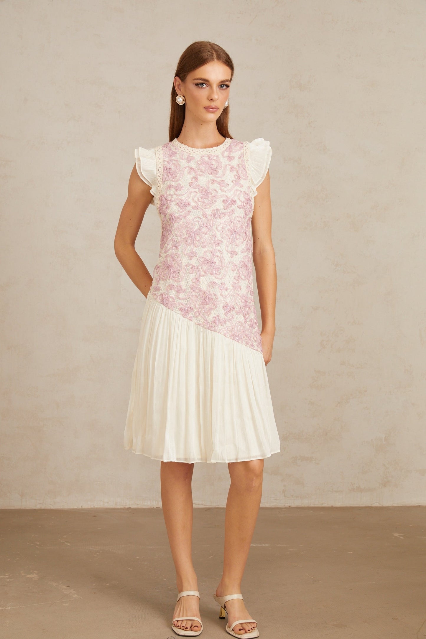 Charitina Pink Panel Floral Crochet Midi Dress