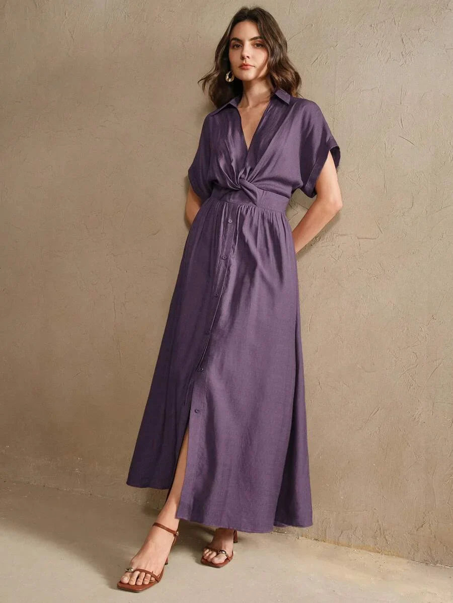 Chic VNeck SingleBreasted Twist Waist Long Dress Womens VacationFestivalGoingOut Outfits