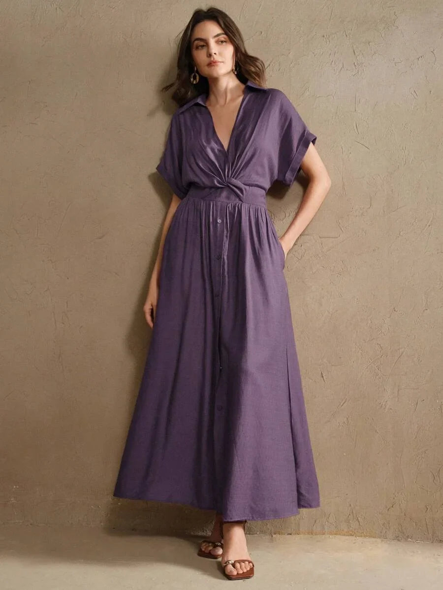 Chic VNeck SingleBreasted Twist Waist Long Dress Womens VacationFestivalGoingOut Outfits