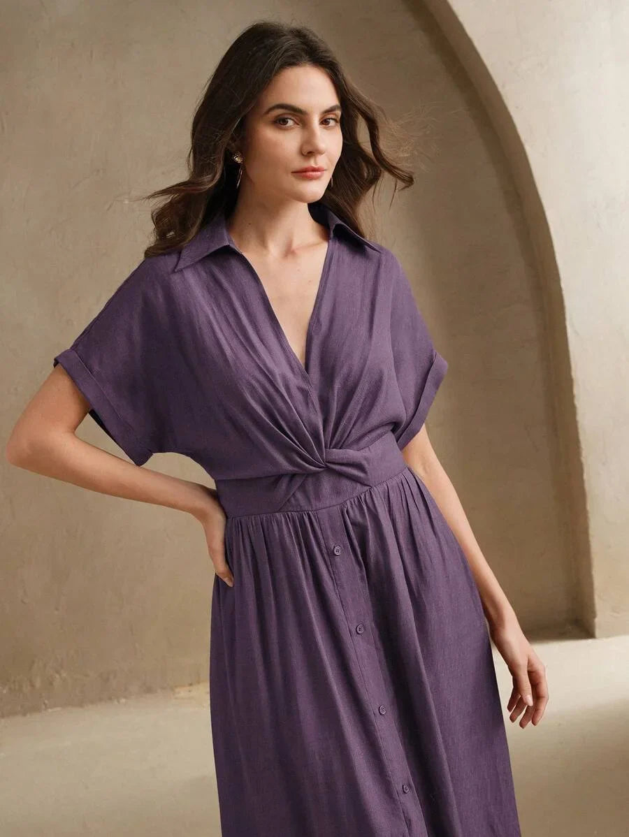 Chic VNeck SingleBreasted Twist Waist Long Dress Womens VacationFestivalGoingOut Outfits