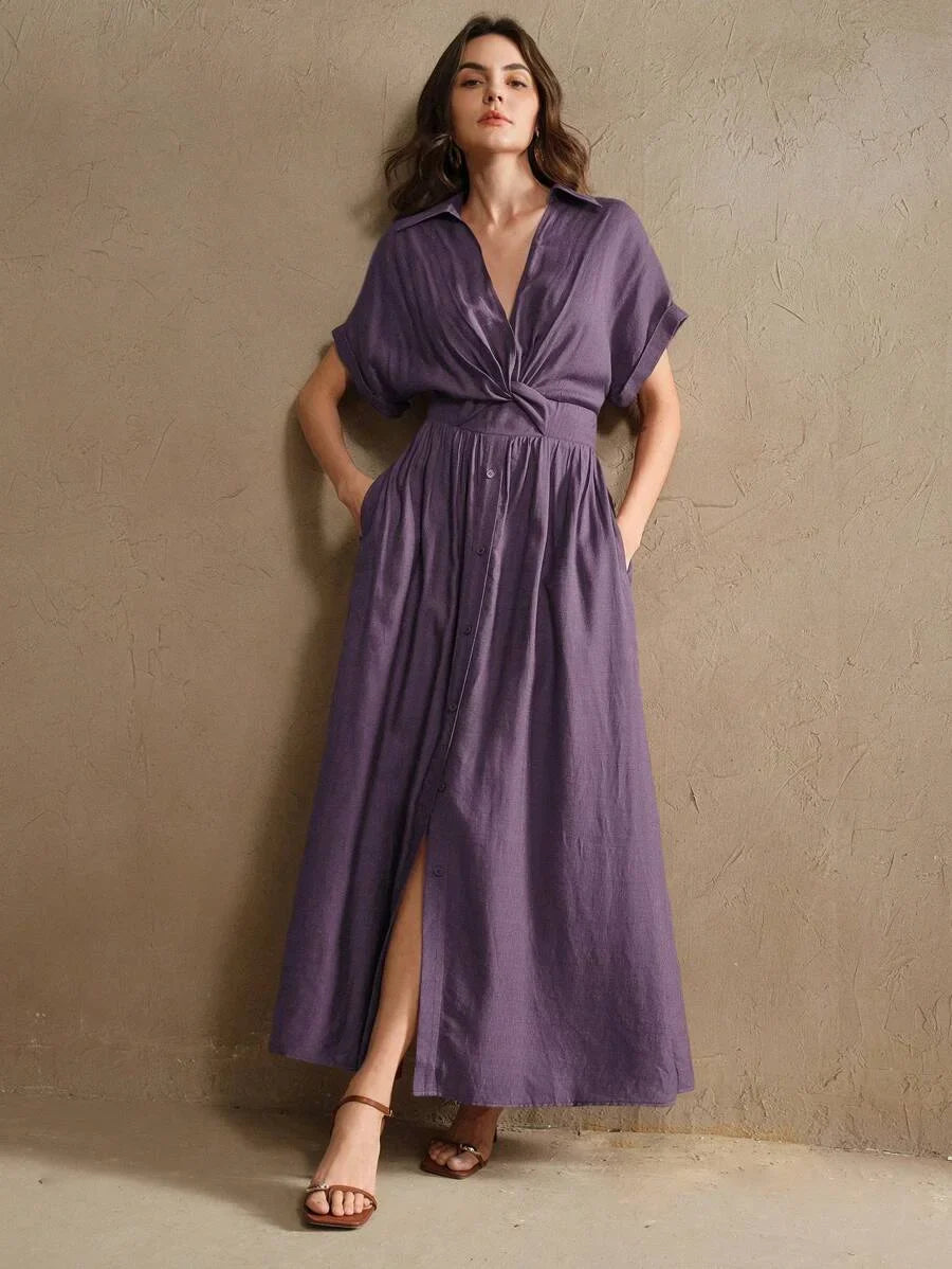 Chic VNeck SingleBreasted Twist Waist Long Dress Womens VacationFestivalGoingOut Outfits