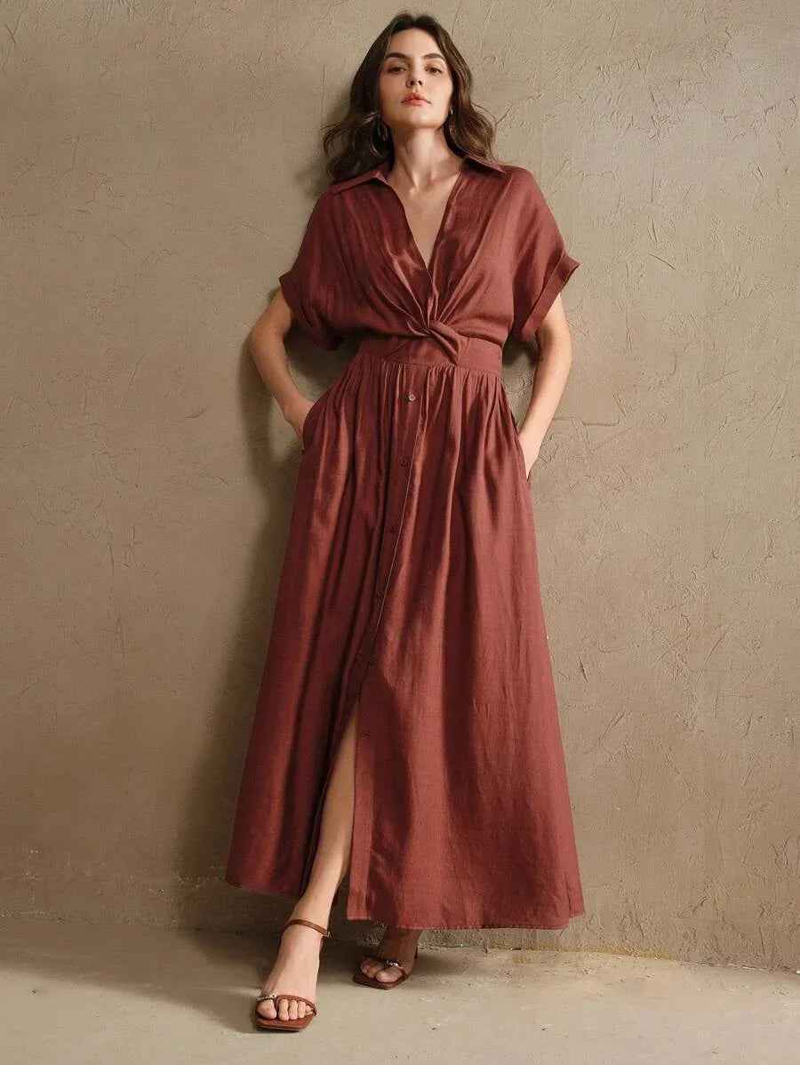 Chic VNeck SingleBreasted Twist Waist Long Dress Womens VacationFestivalGoingOut Outfits