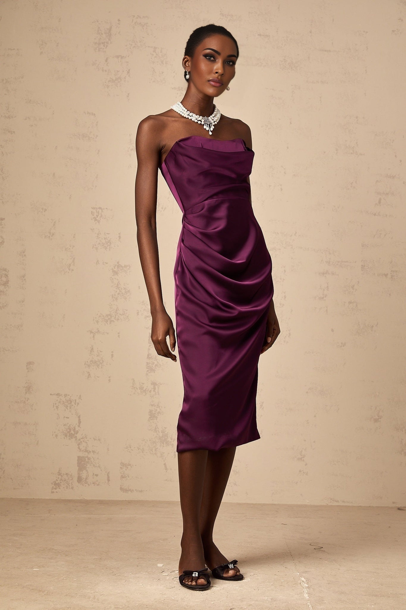 Chloé purple midi dress with ruched satin fabric and elegant silhouette