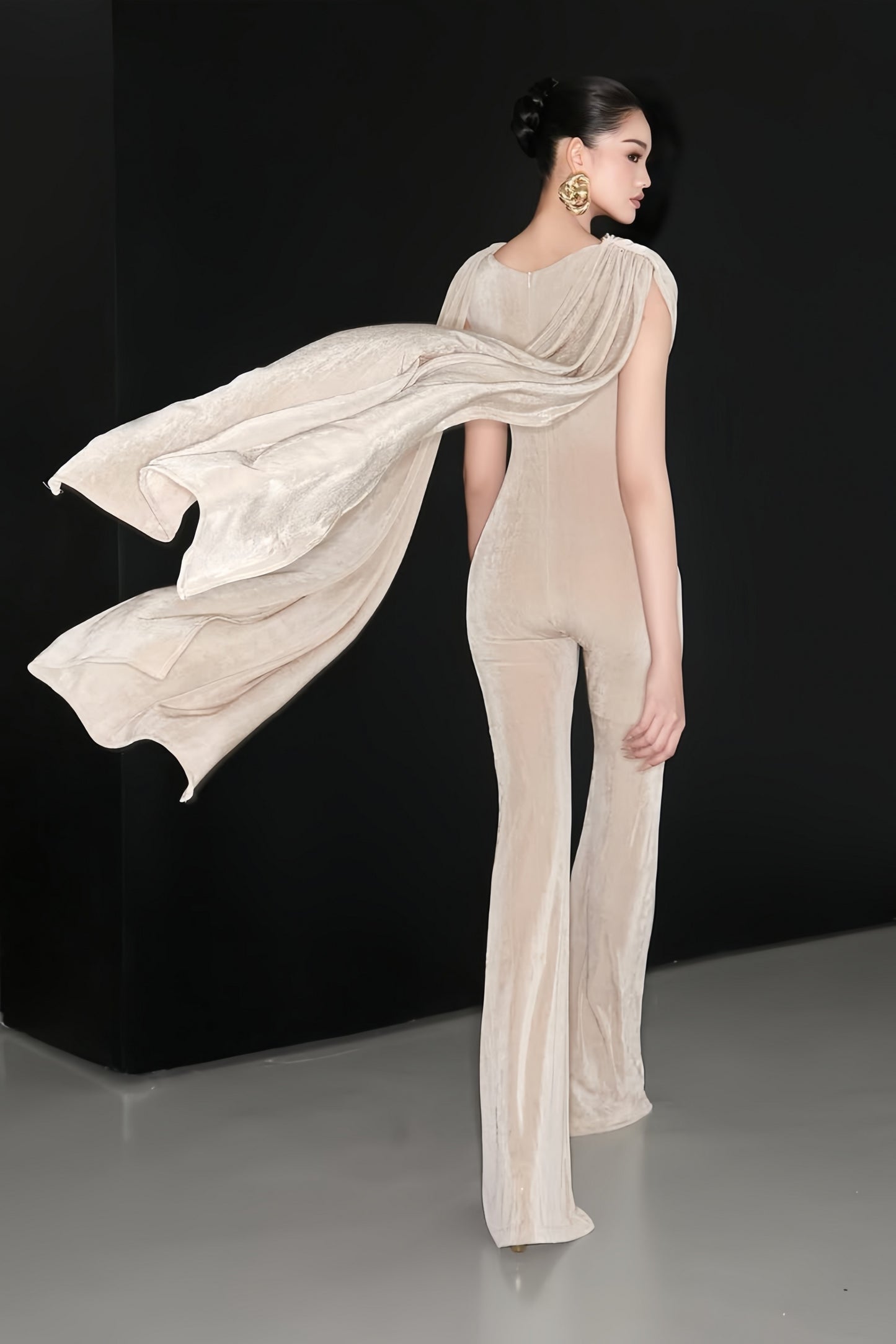Clarisse Neutral Dropped Design Velvet Jumpsuit