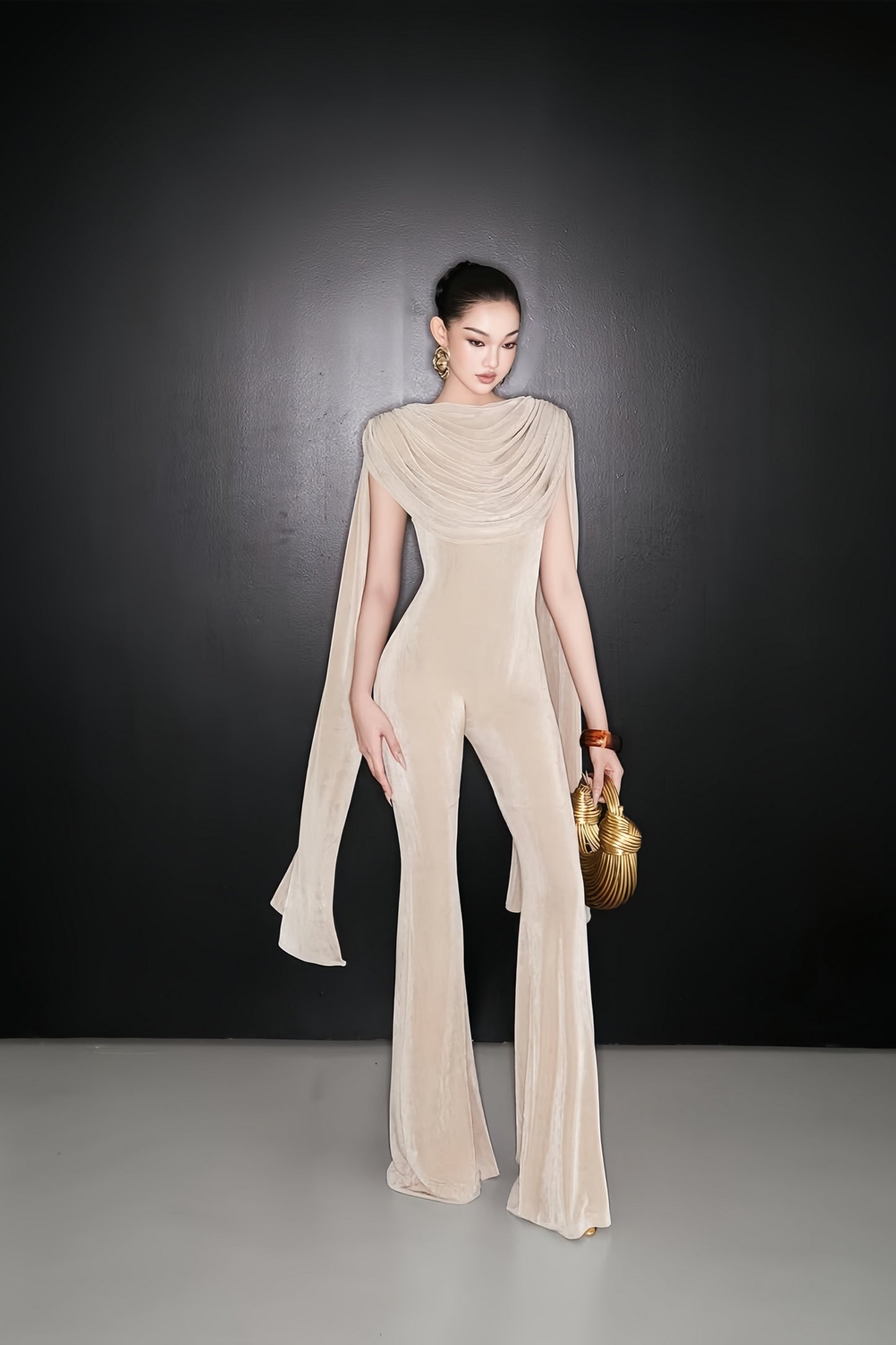 Clarisse Neutral Dropped Design Velvet Jumpsuit