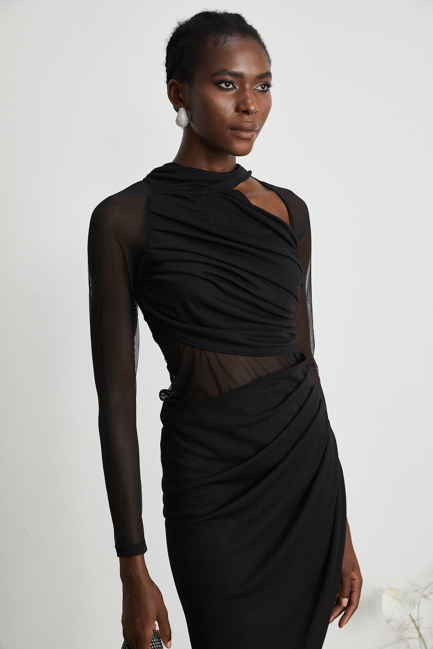 Clarisse semisheer ruched midi dress