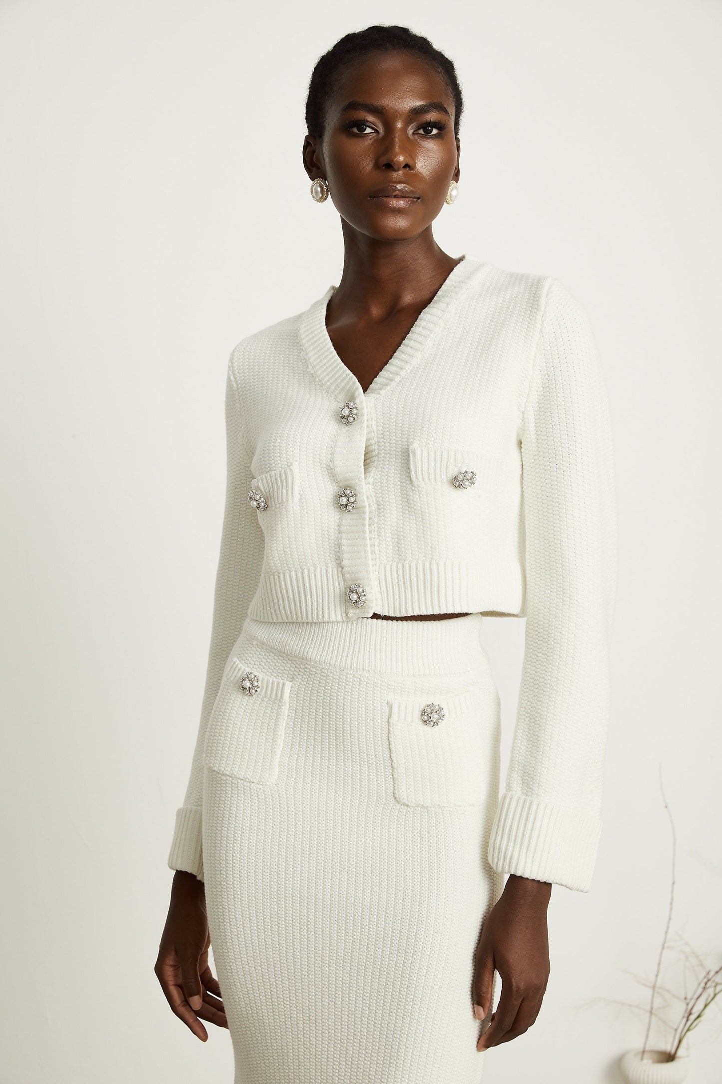 Clarisse white knitted cardigan skirt matching set