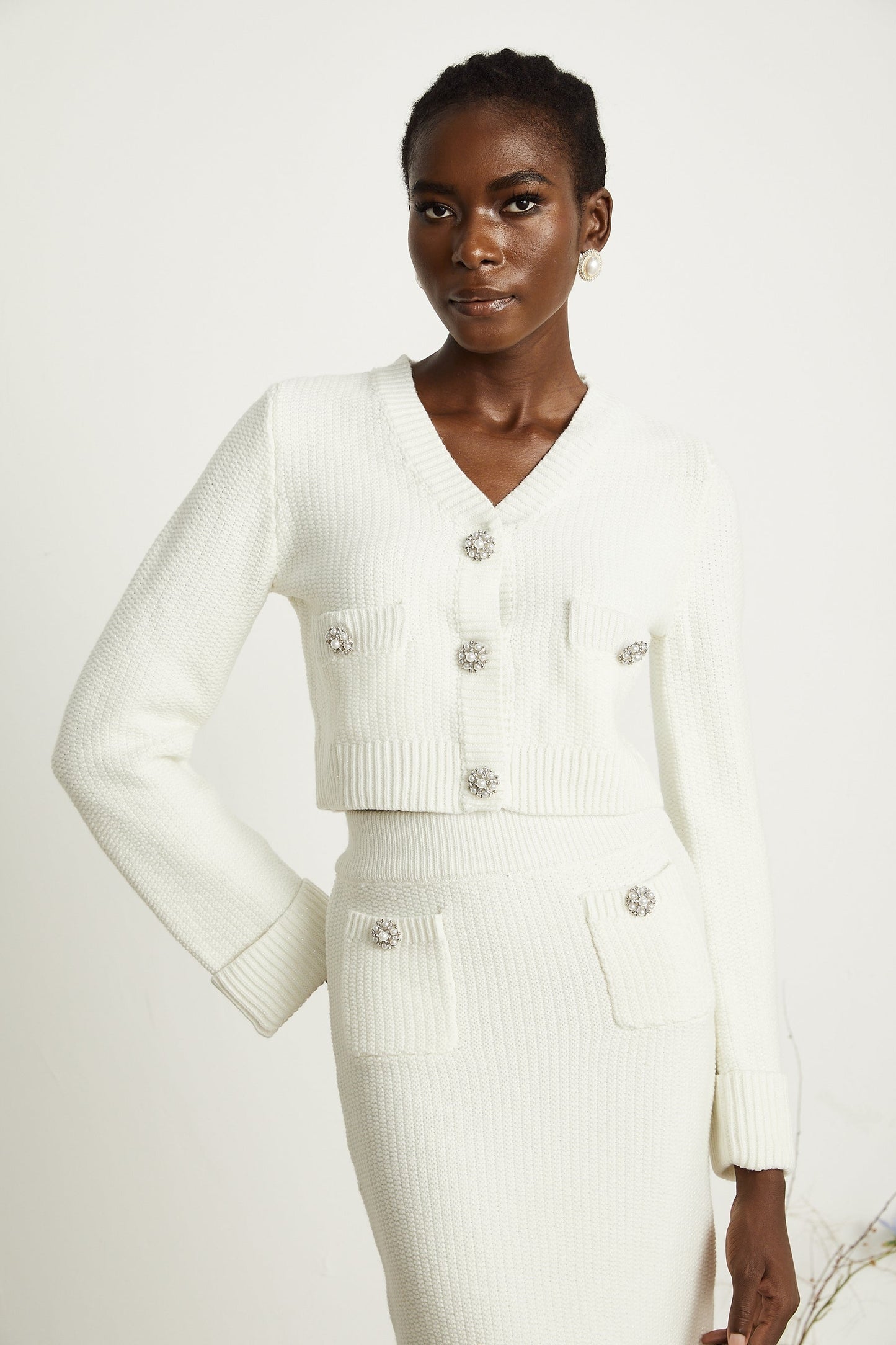Clarisse white knitted cardigan skirt matching set