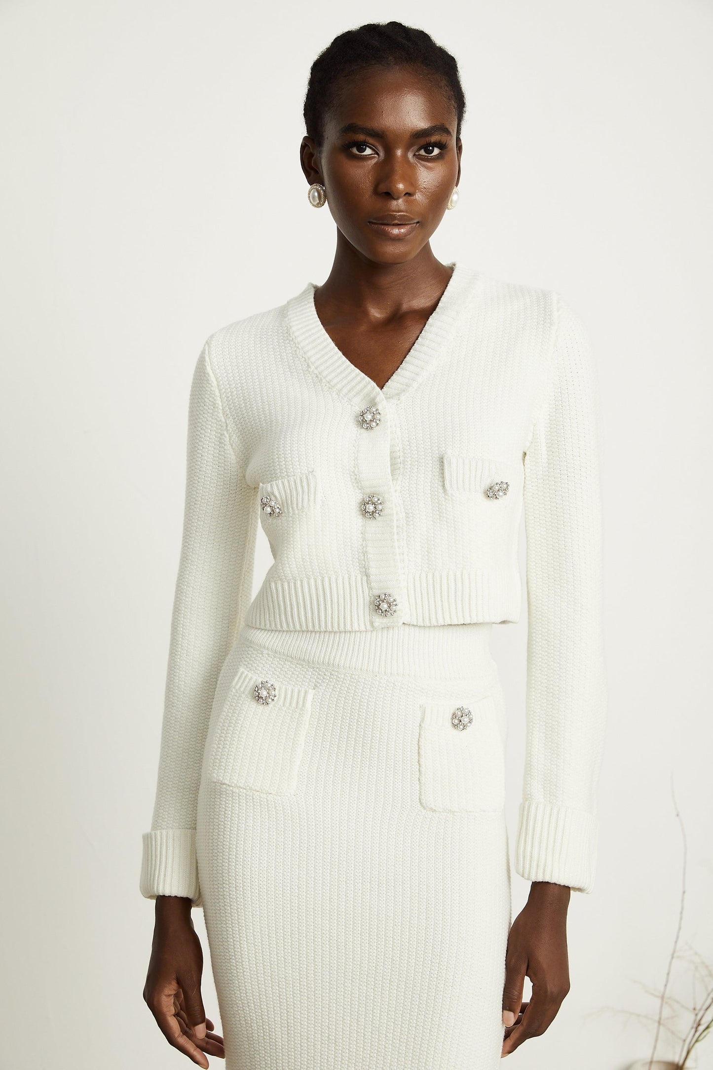 Clarisse white knitted cardigan skirt matching set