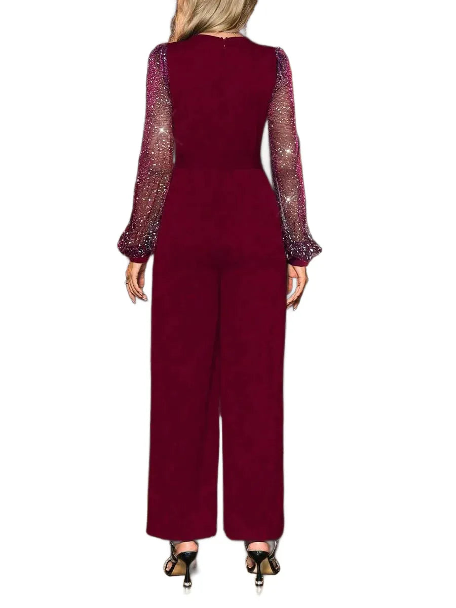 Clasi Rhinestone Studded Mesh Romper For Women Waist Cinching