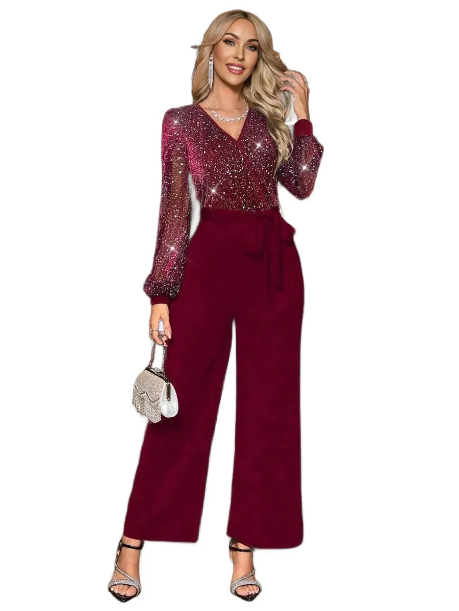 Clasi Rhinestone Studded Mesh Romper For Women Waist Cinching