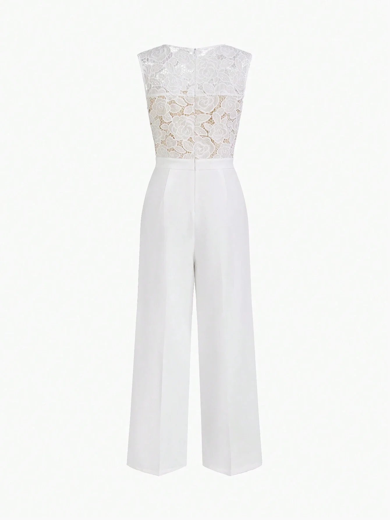 Classy SOLID GUIPURE LACE BODICE SLANT POCKET JUMPSUIT