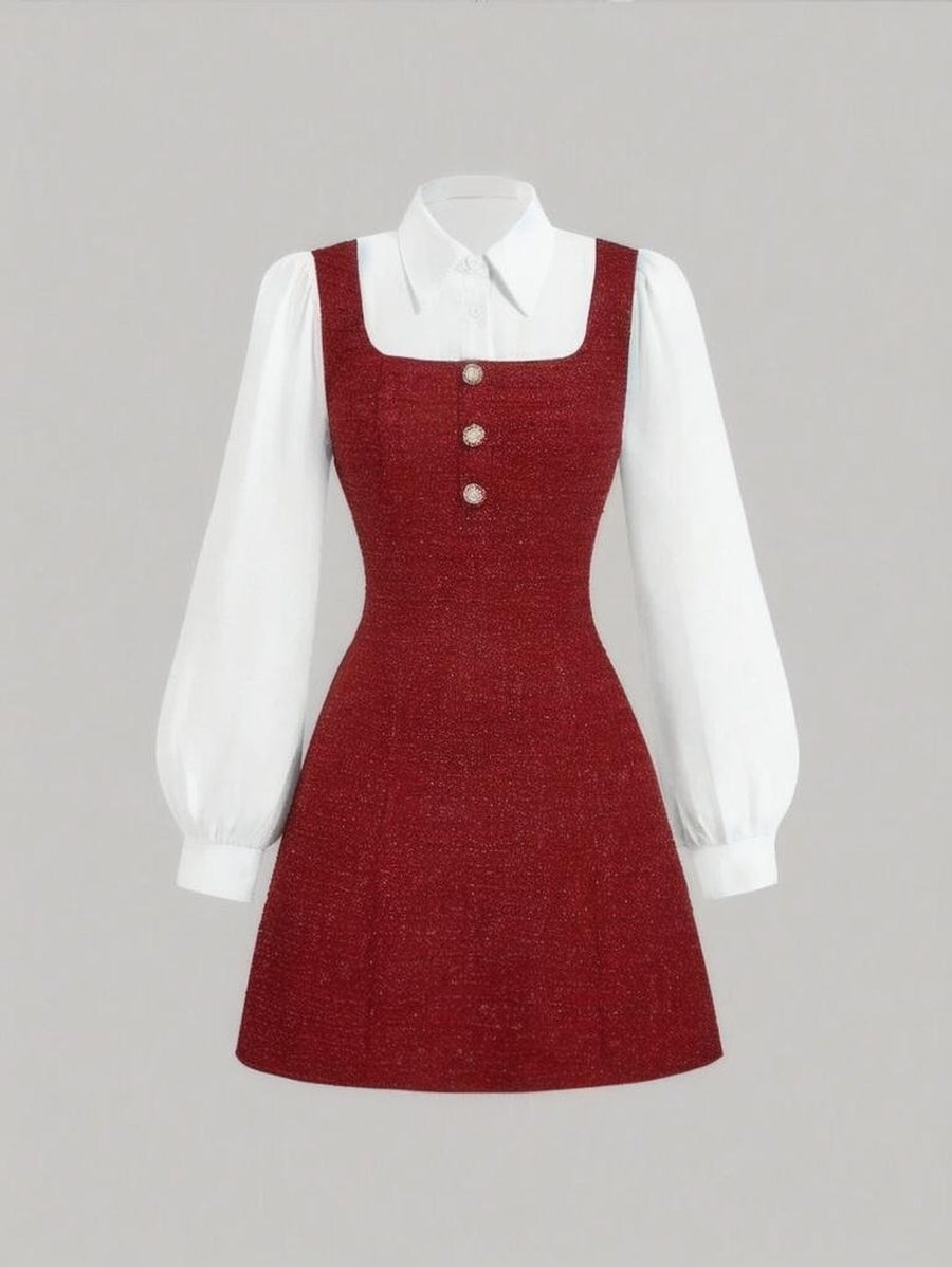 MOD Women Elegant Collared Long Sleeve Patchwork Dress Spring Autumn