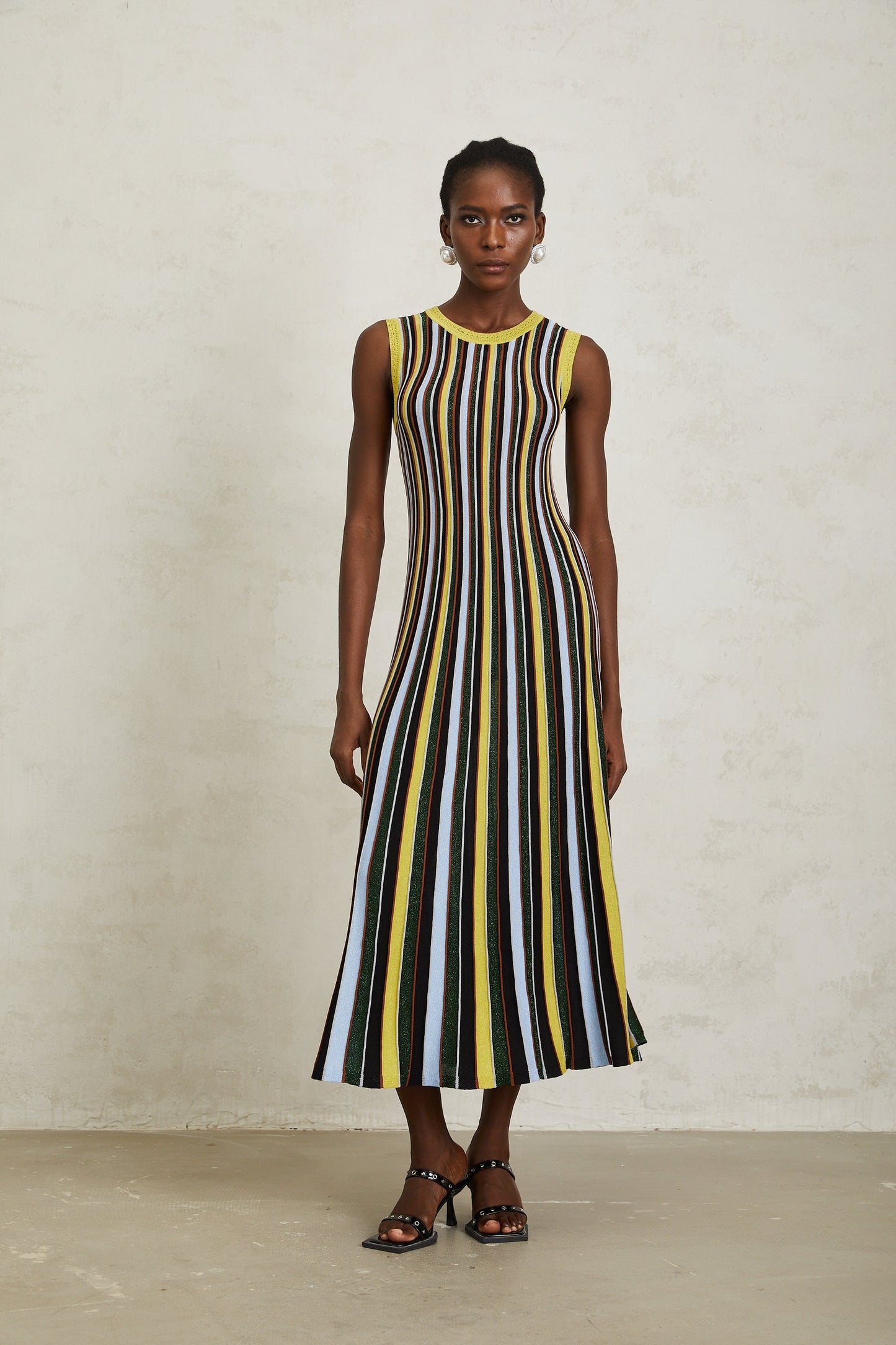 Clémence Yellow Vertical Striped Knit Midi Dress