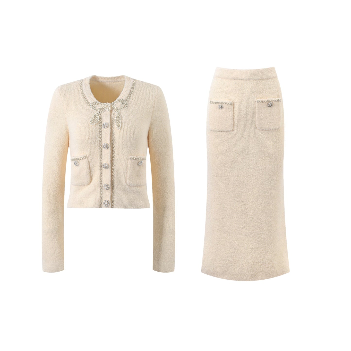Clementina Jacket & Skirt Neutrals Faux Pearl Set - Neutrals