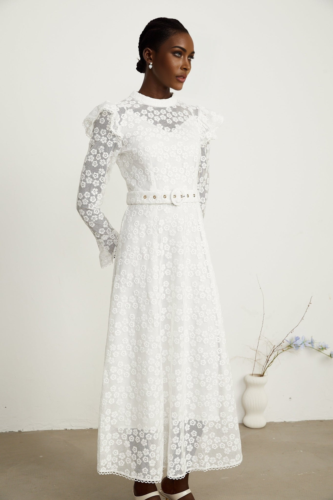 Clotilde white floralembroidered midi dress
