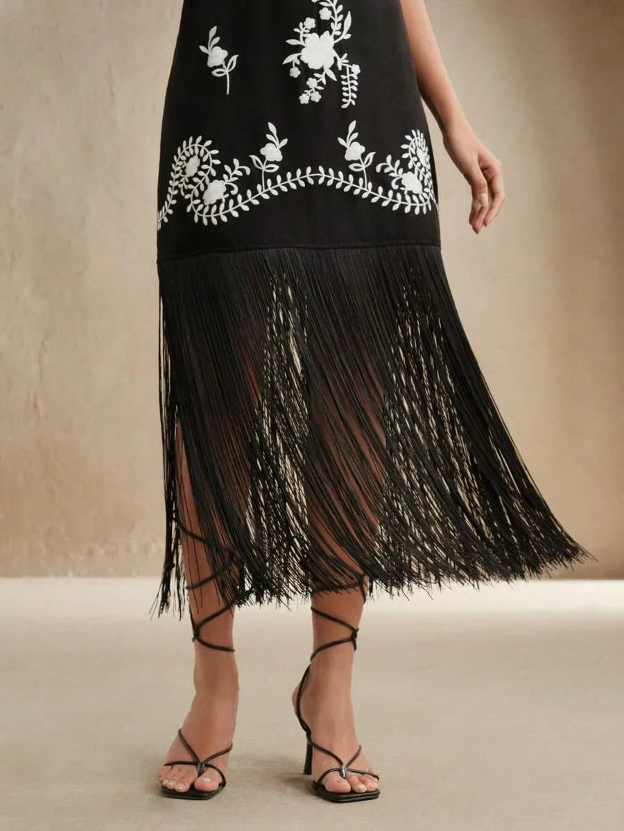 Cocktail Party Vacation Retro Tassel Embroidered VNeck Slip Dress For Women