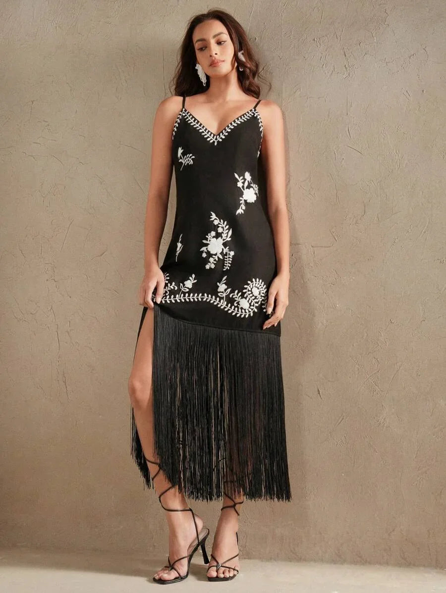 Cocktail Party Vacation Retro Tassel Embroidered VNeck Slip Dress For Women