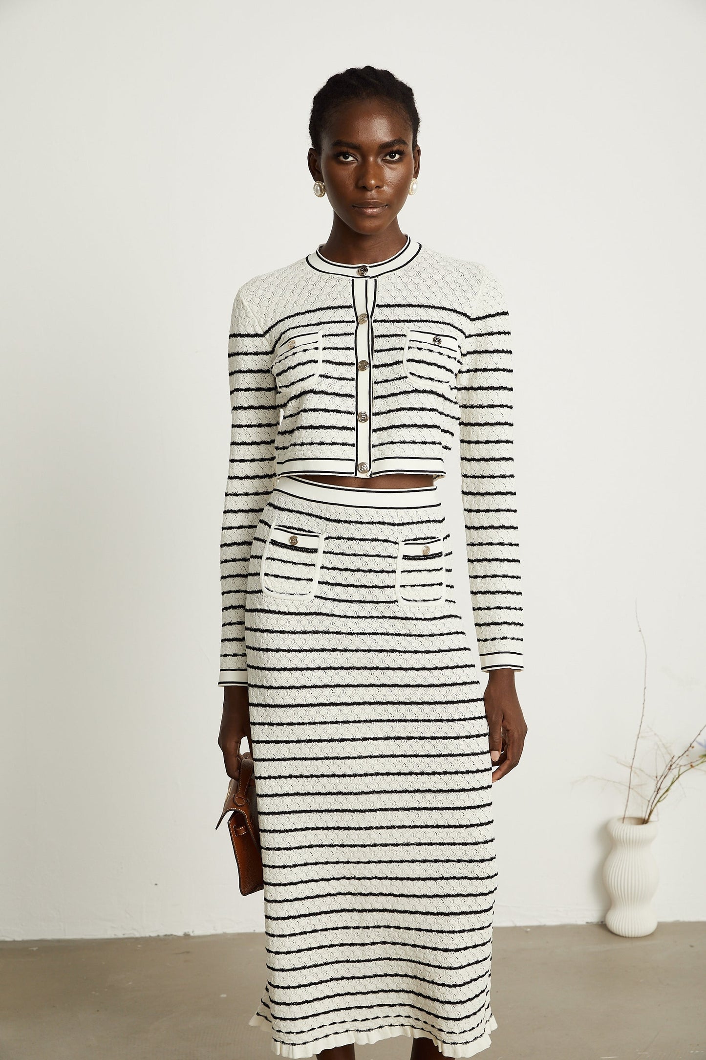 Colette pointelleknit cardigan skirt matching set