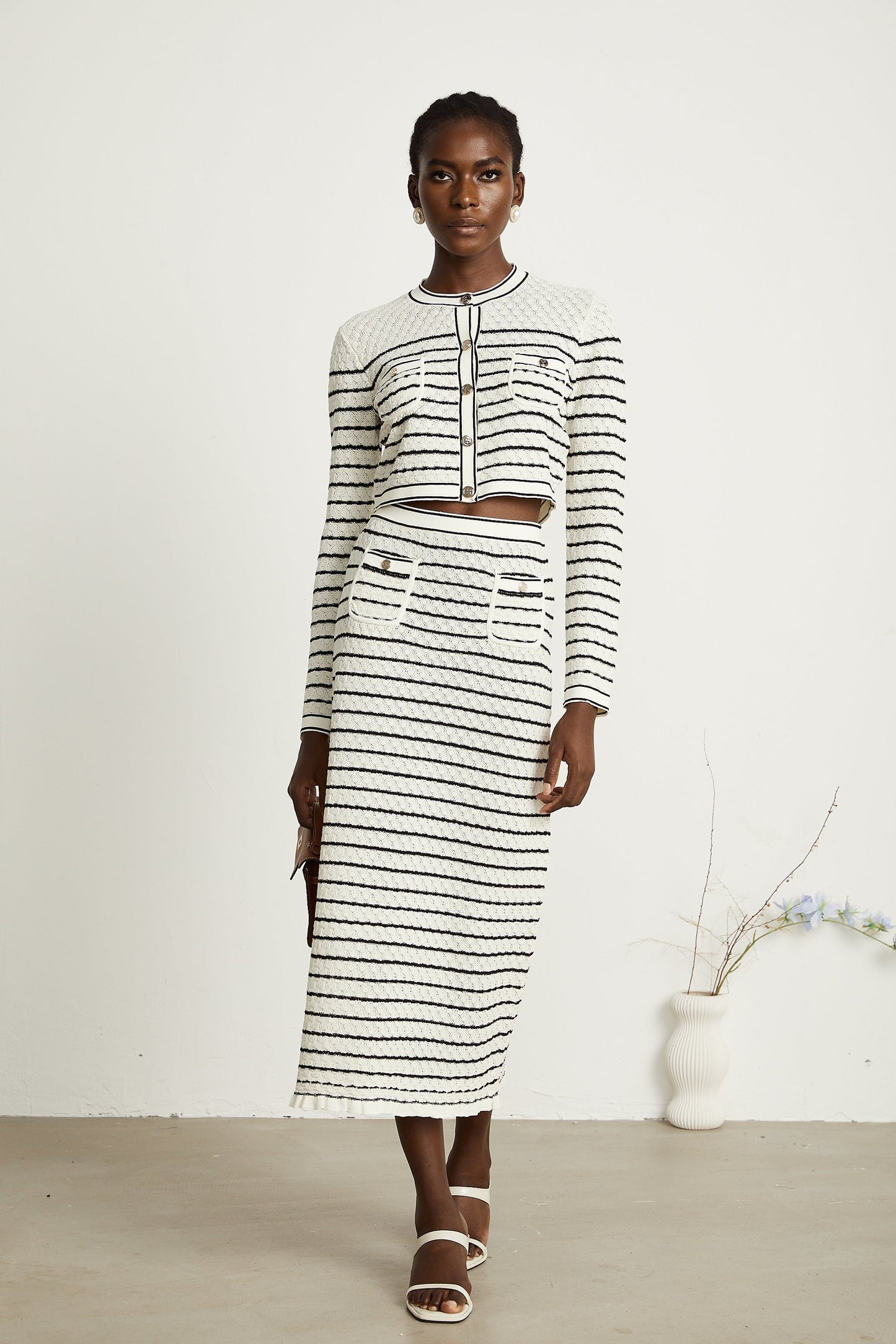 Colette pointelleknit cardigan skirt matching set