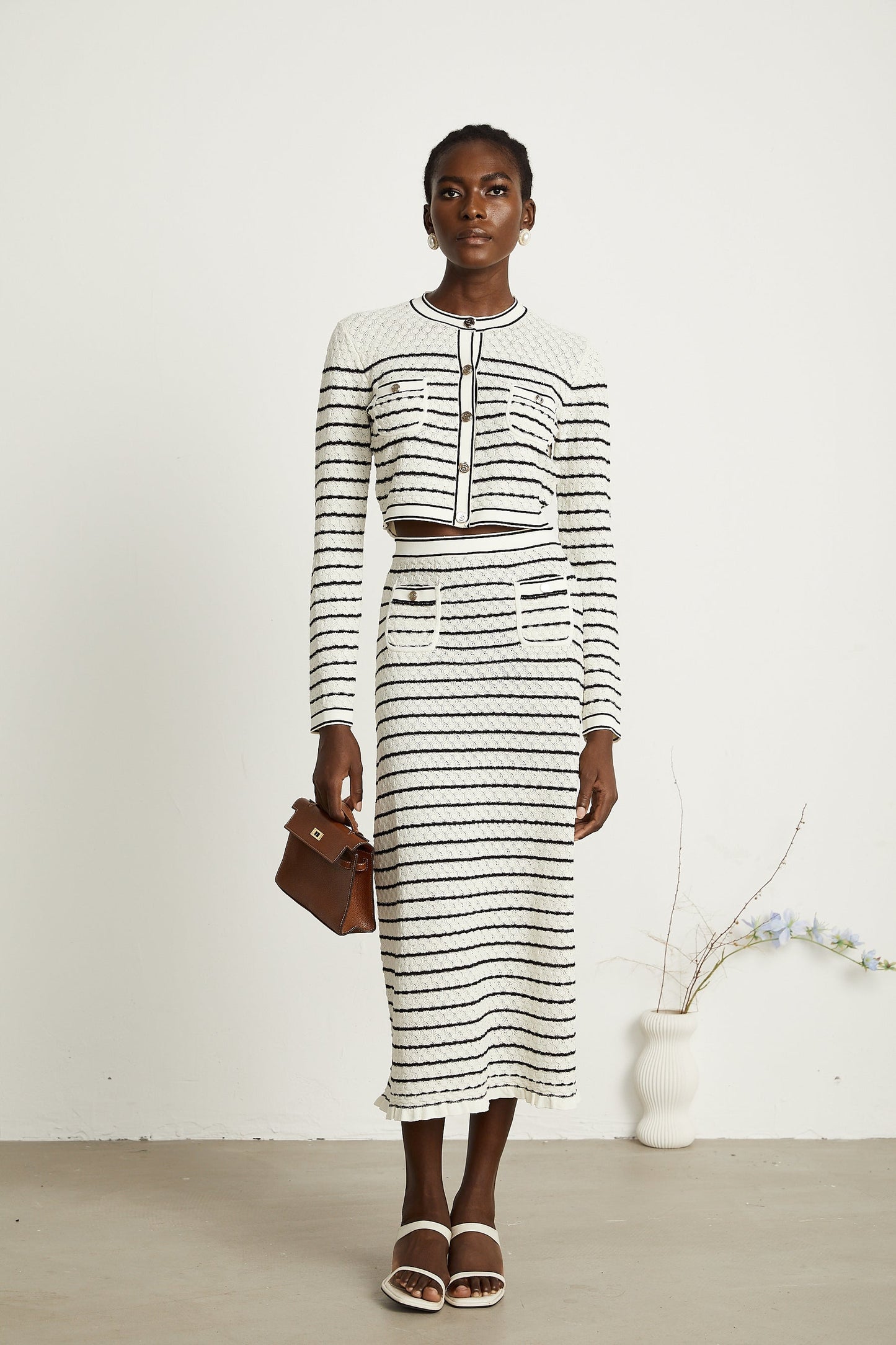Colette pointelleknit cardigan skirt matching set