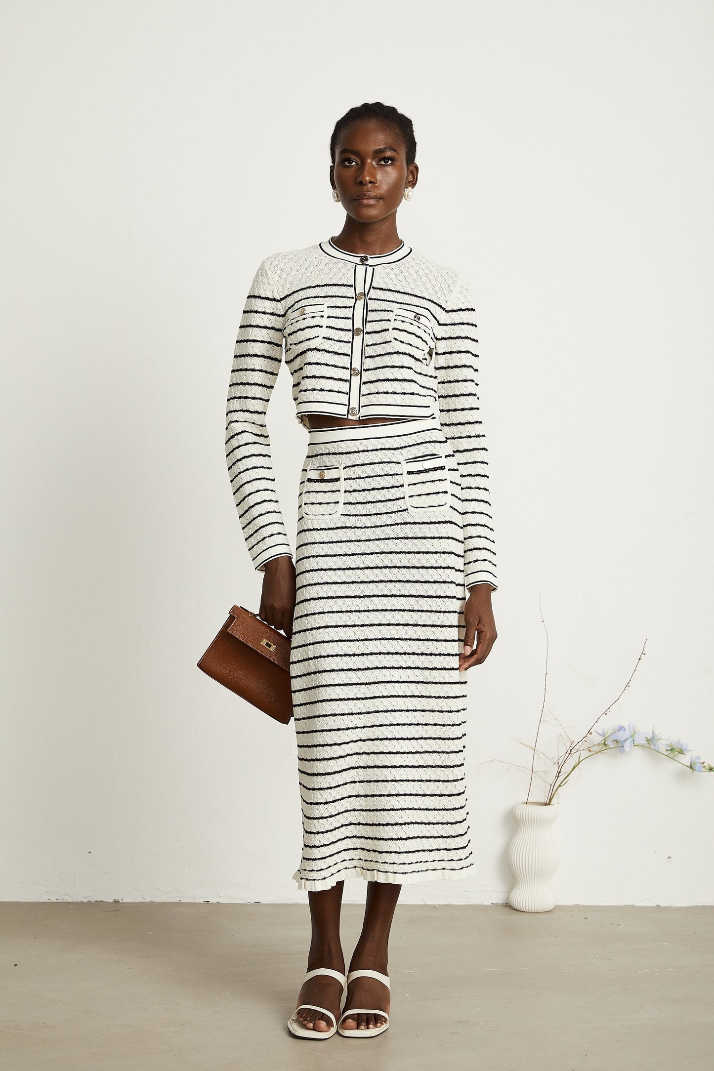 Colette pointelleknit cardigan skirt matching set