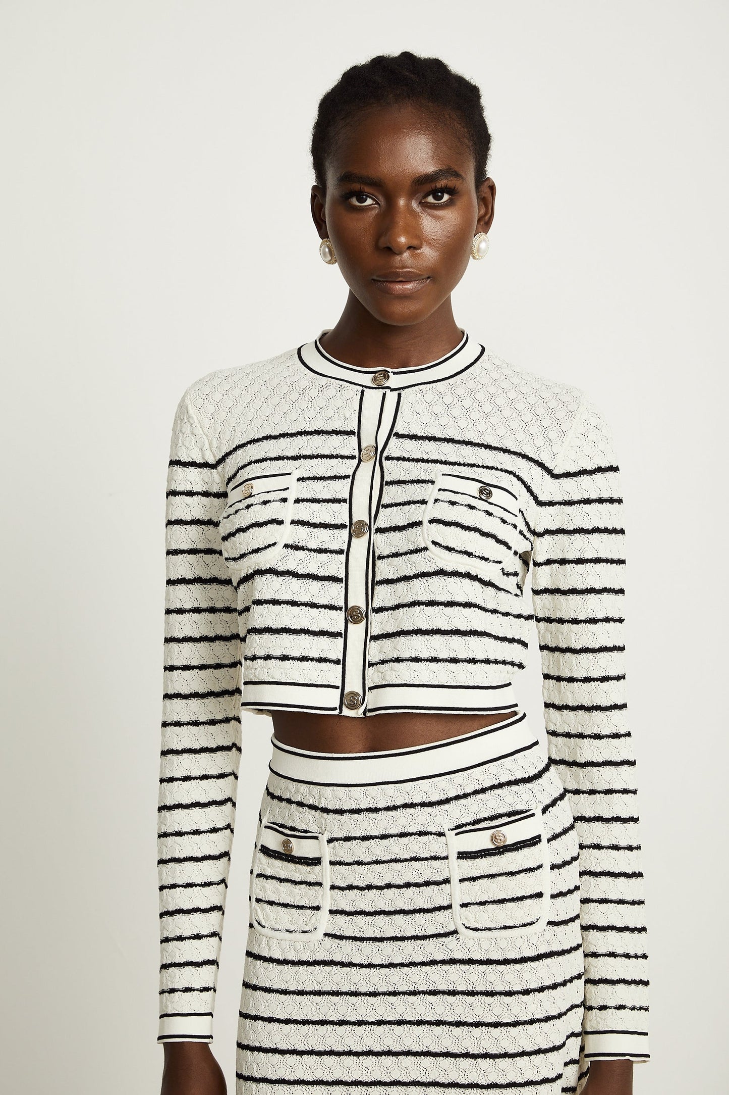 Colette pointelleknit cardigan skirt matching set