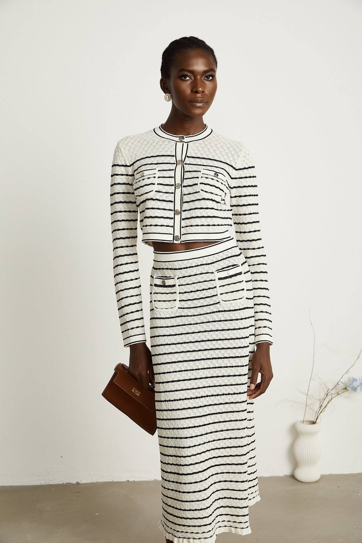 Colette pointelleknit cardigan skirt matching set