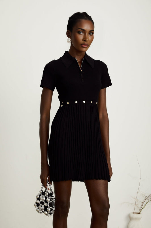Coline black knitted pleated mini dress