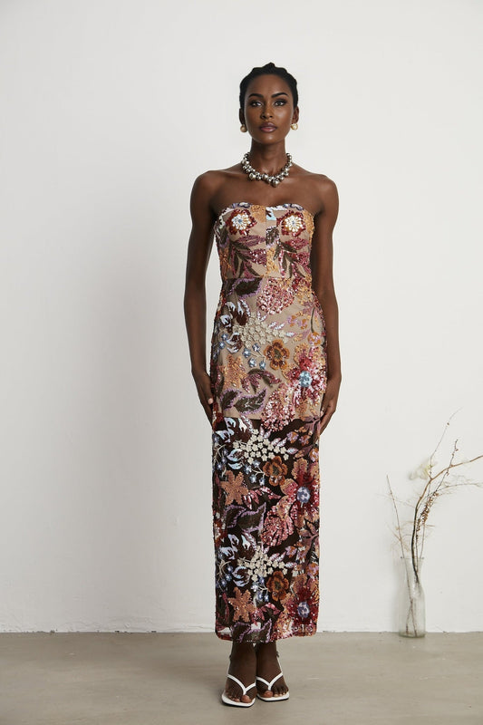 Colorful midi dress adorned with sequins and floral embroidery by Therese