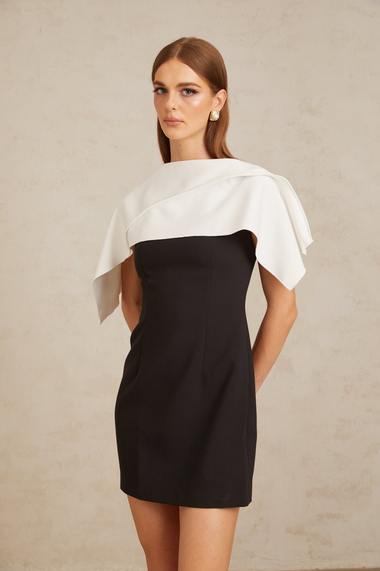 Constance Black ALine Mini Dress with Cape Detail