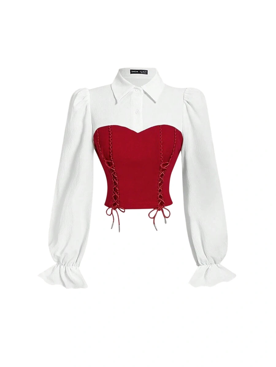 Contrast Color Cup Detail Long Sleeve Crop Top Blouse For Women With Waist Tied Belt