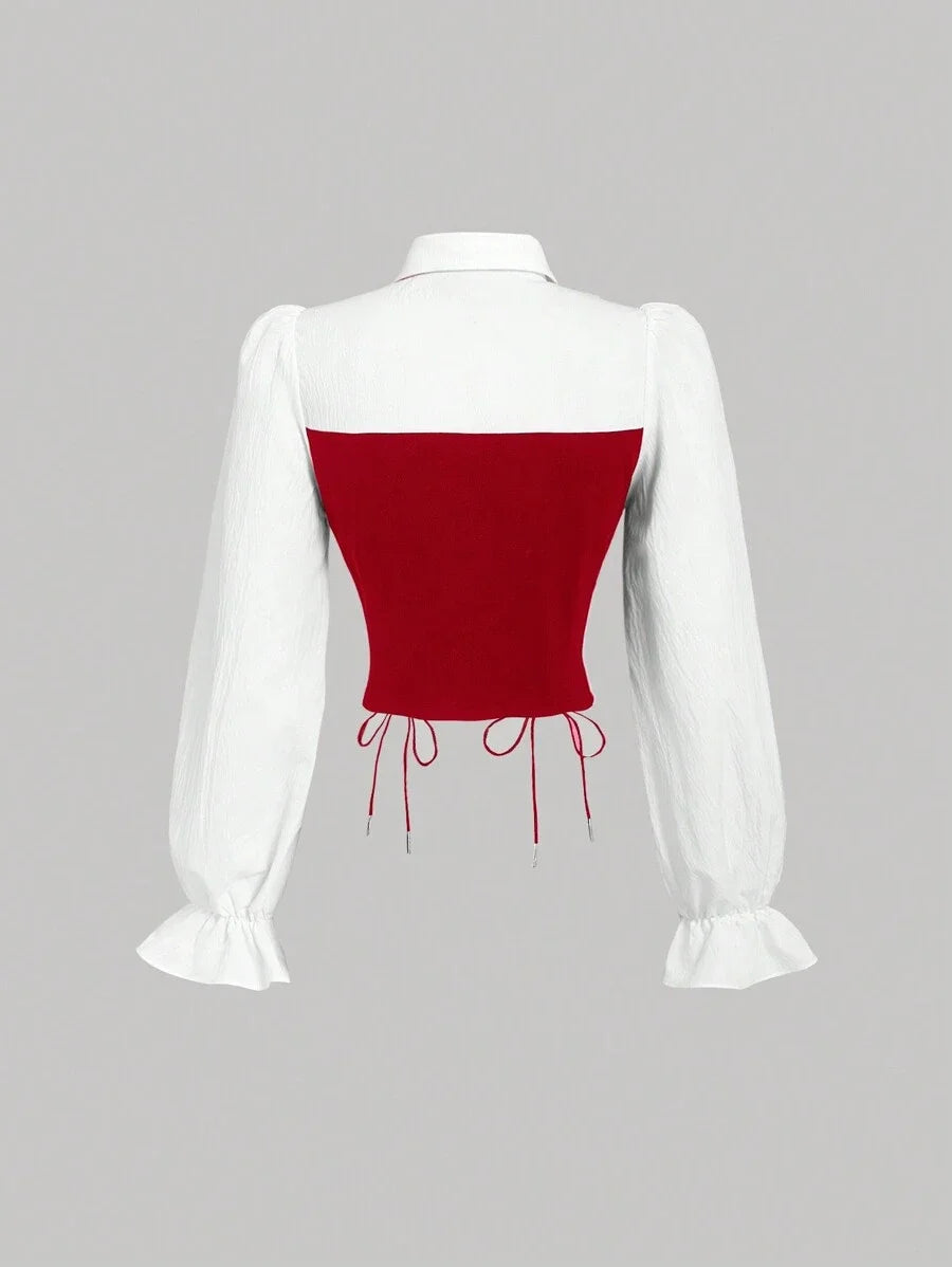 Contrast Color Cup Detail Long Sleeve Crop Top Blouse For Women With Waist Tied Belt