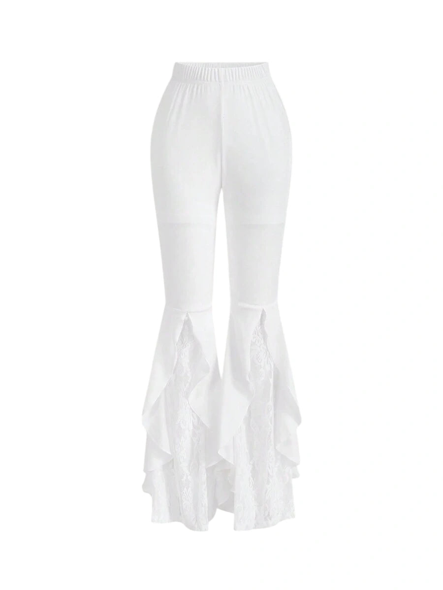 Contrast Lace Ruffle Trim Flare Leg Pants