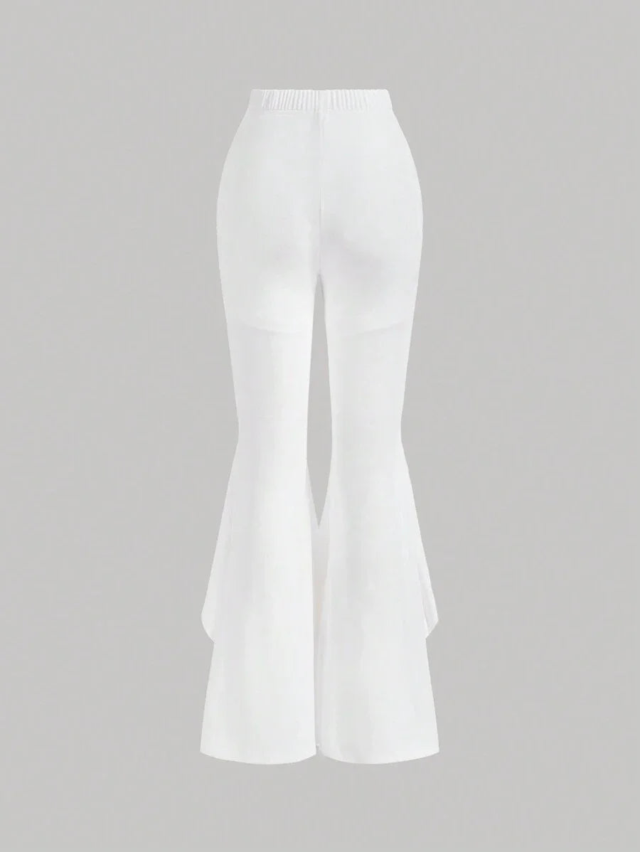 Contrast Lace Ruffle Trim Flare Leg Pants