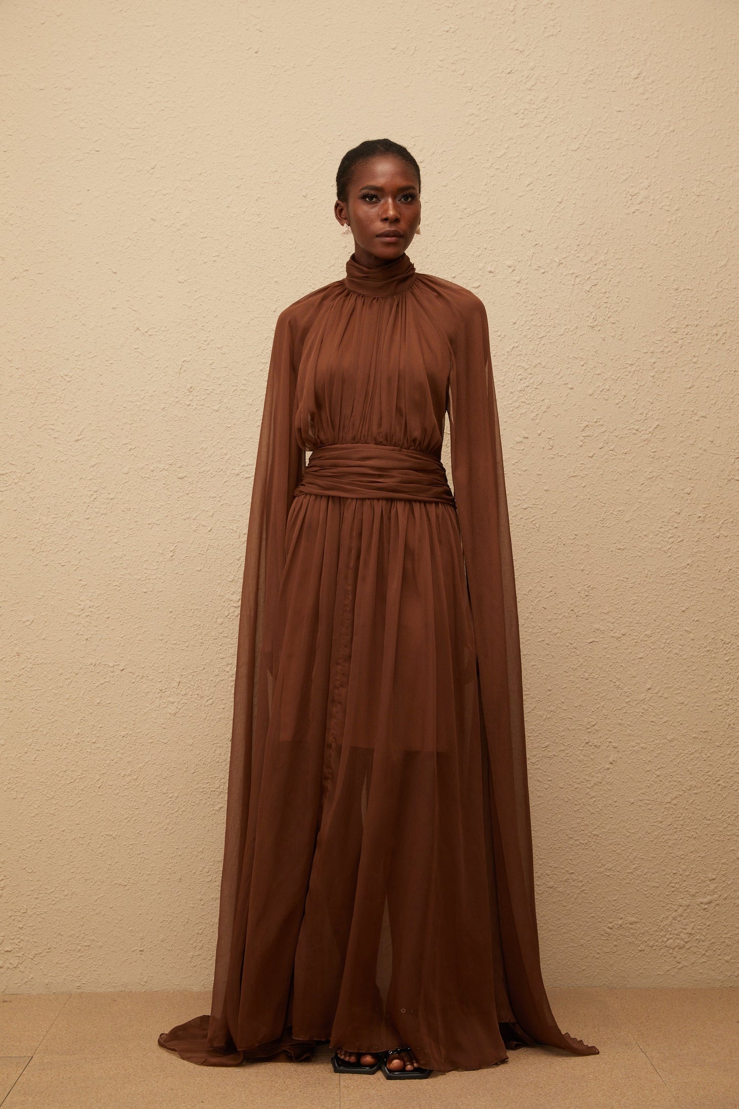 Coralie Brown Cape Design Pleated Tulle Gown