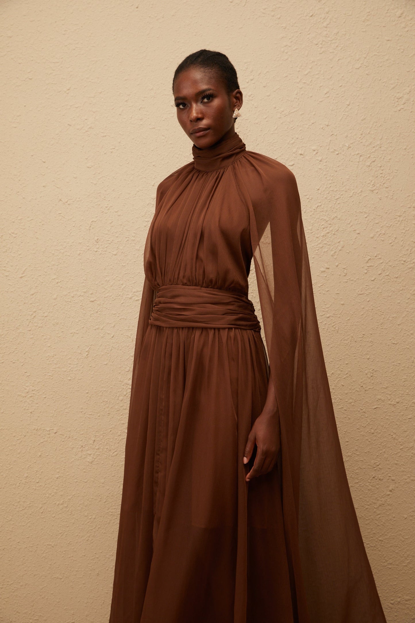 Coralie Brown Cape Design Pleated Tulle Gown