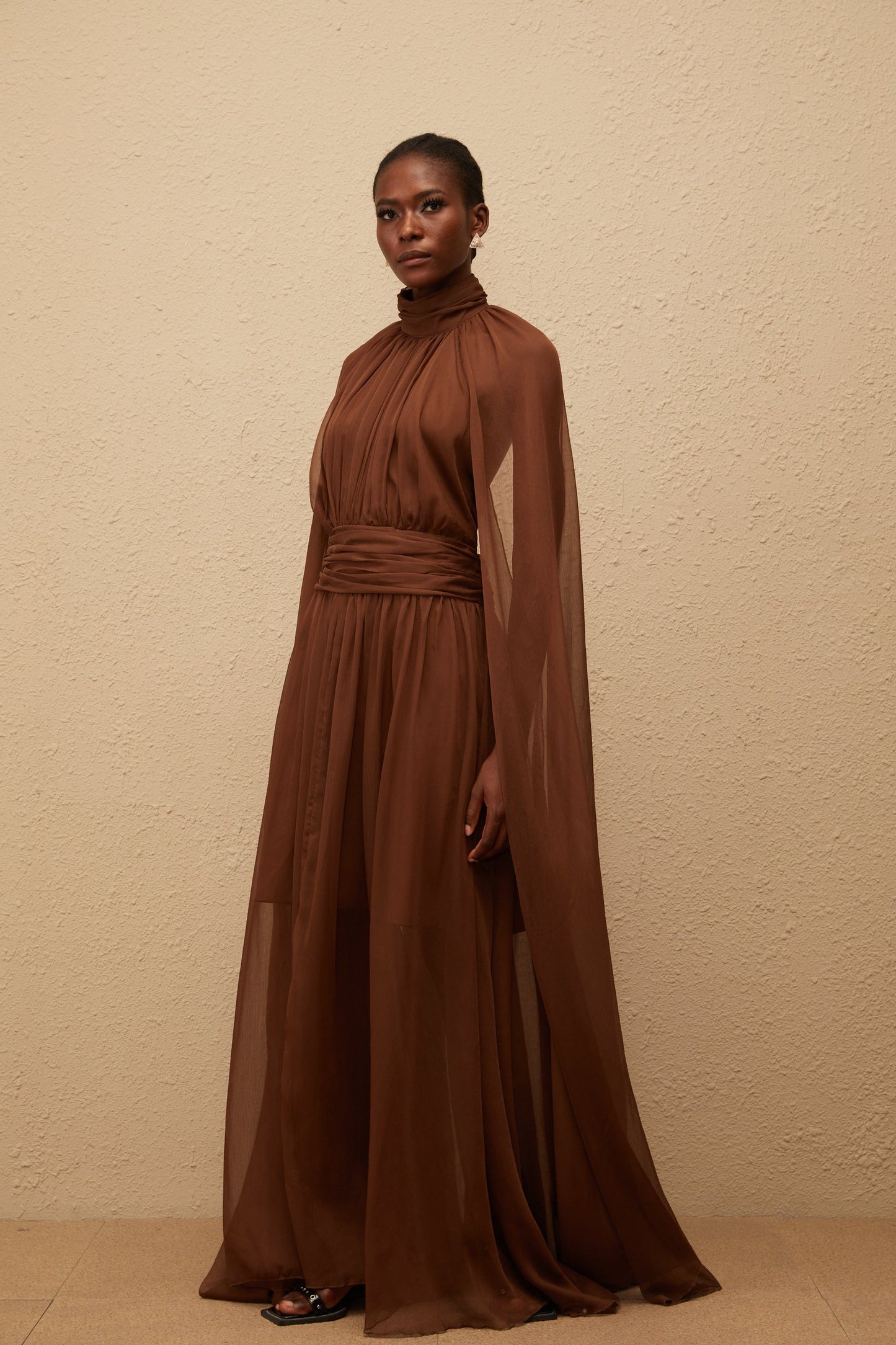 Coralie Brown Cape Design Pleated Tulle Gown