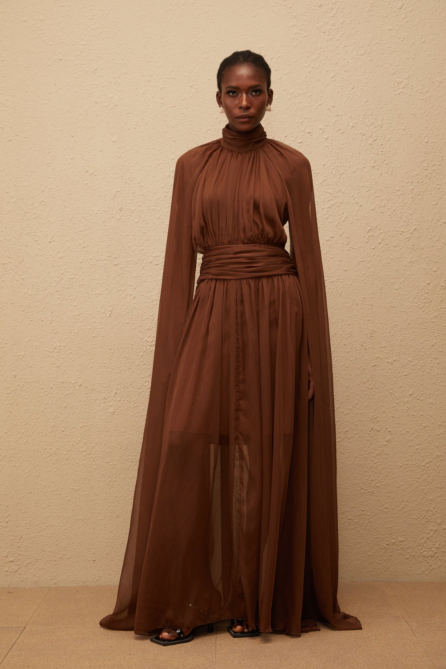 Coralie Brown Cape Design Pleated Tulle Gown