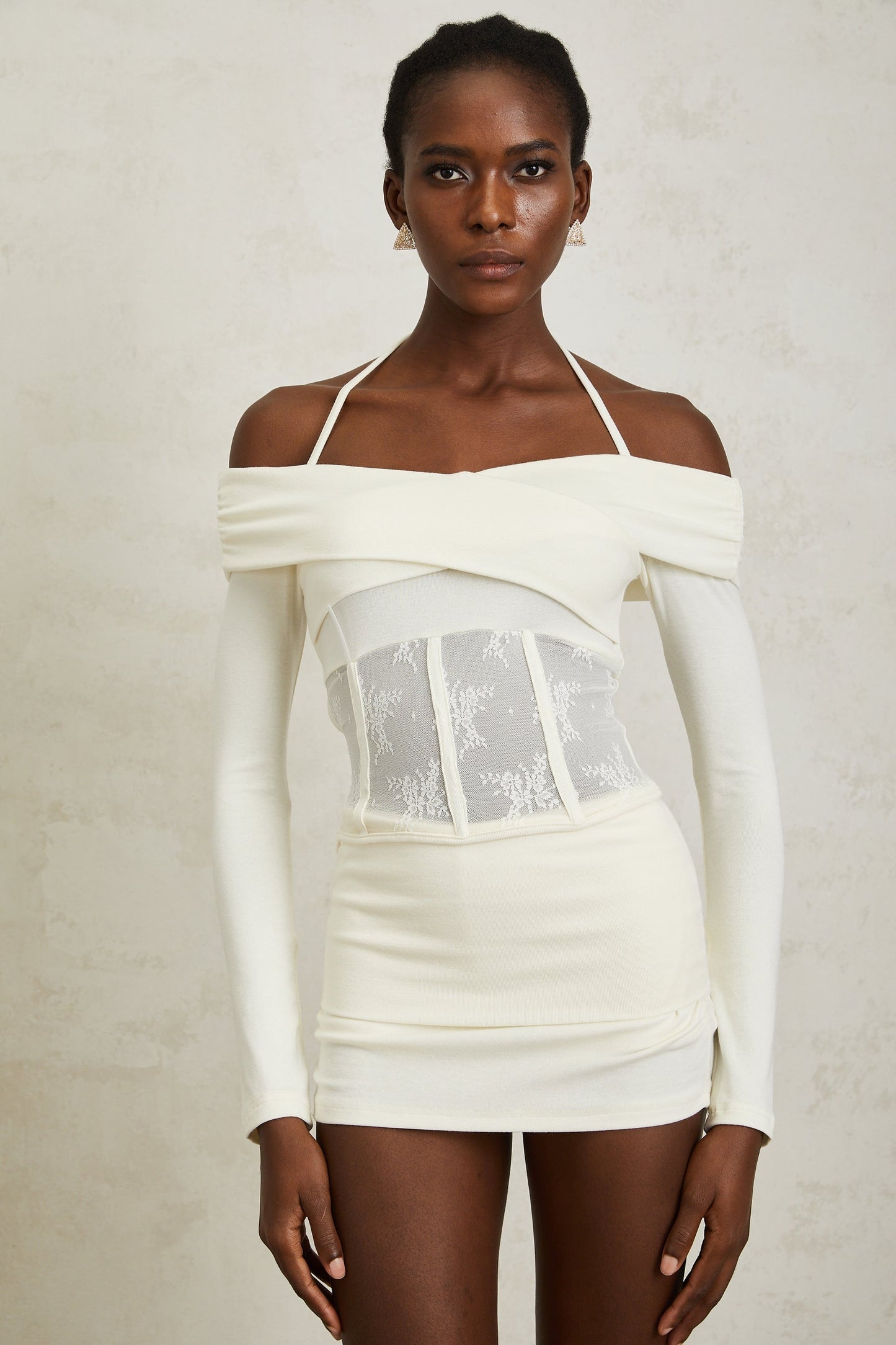 Coralie White Lace Panel Knit Blouse Skirt Set